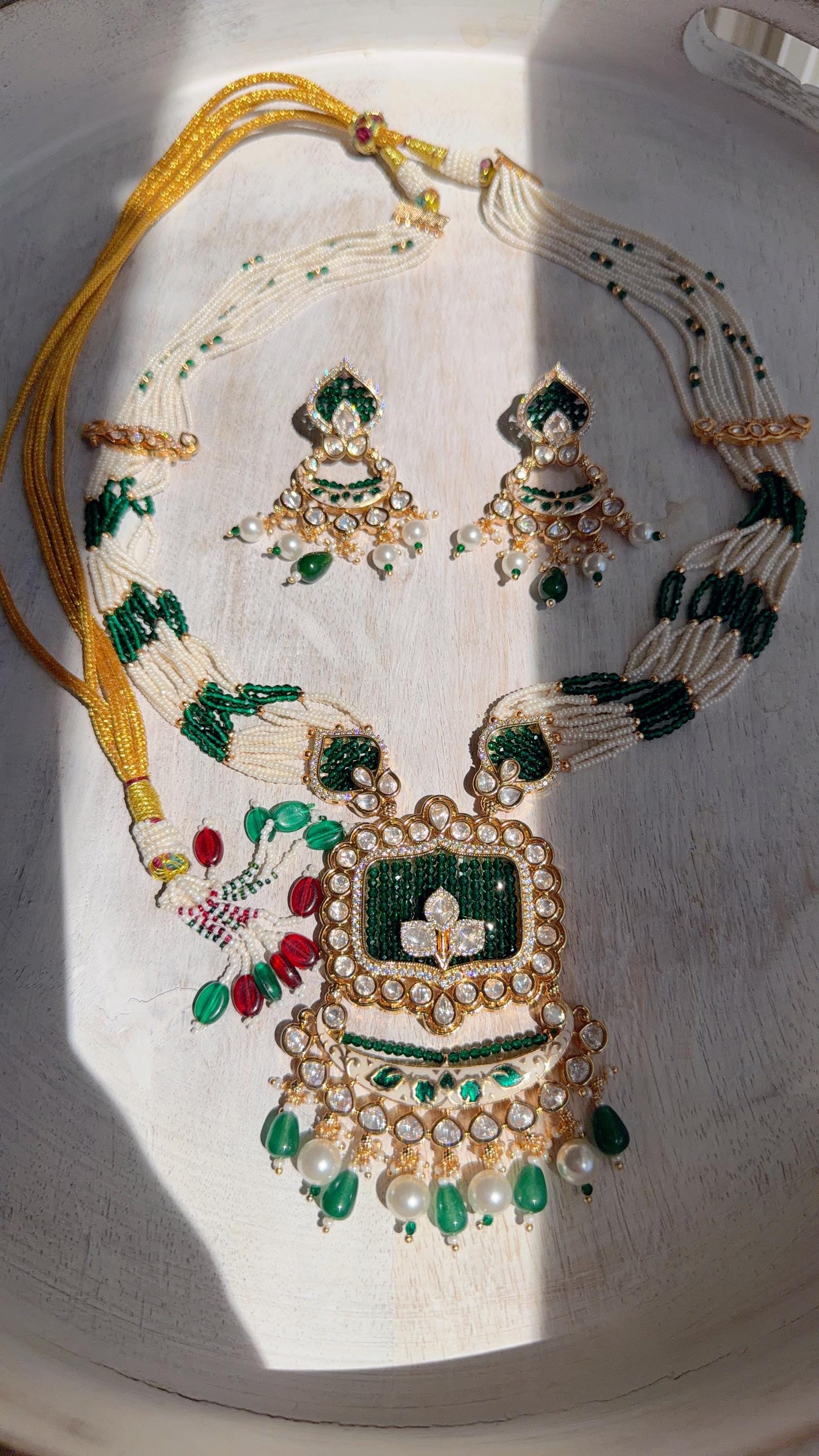 Emerald Green Kundan Rani Haar Necklace Set | Kundan Diamond Long Necklace | Indian Bridal Jewelry | Indian Wedding Necklace - Mary