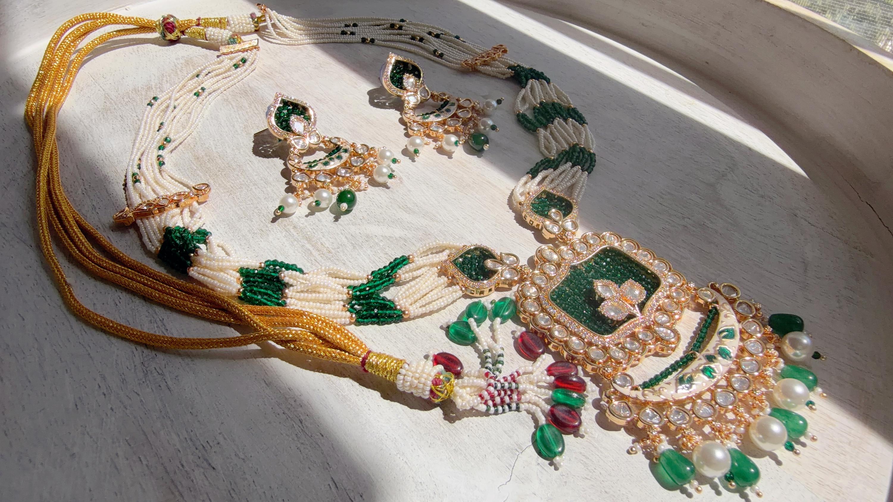 Emerald Green Kundan Rani Haar Necklace Set | Kundan Diamond Long Necklace | Indian Bridal Jewelry | Indian Wedding Necklace - Mary
