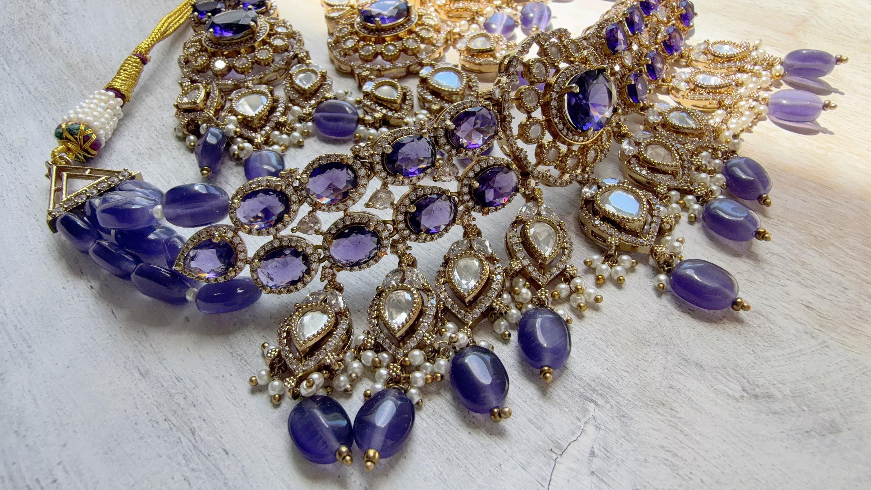 Purple Kundan Polki Choker Necklace Set | Gold Finish Statement Choker with chandbali and Maang tikka | Indian Bridal Jewelry