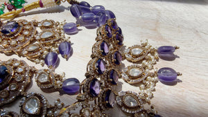 Purple Kundan Polki Choker Necklace Set | Gold Finish Statement Choker with chandbali and Maang tikka | Indian Bridal Jewelry