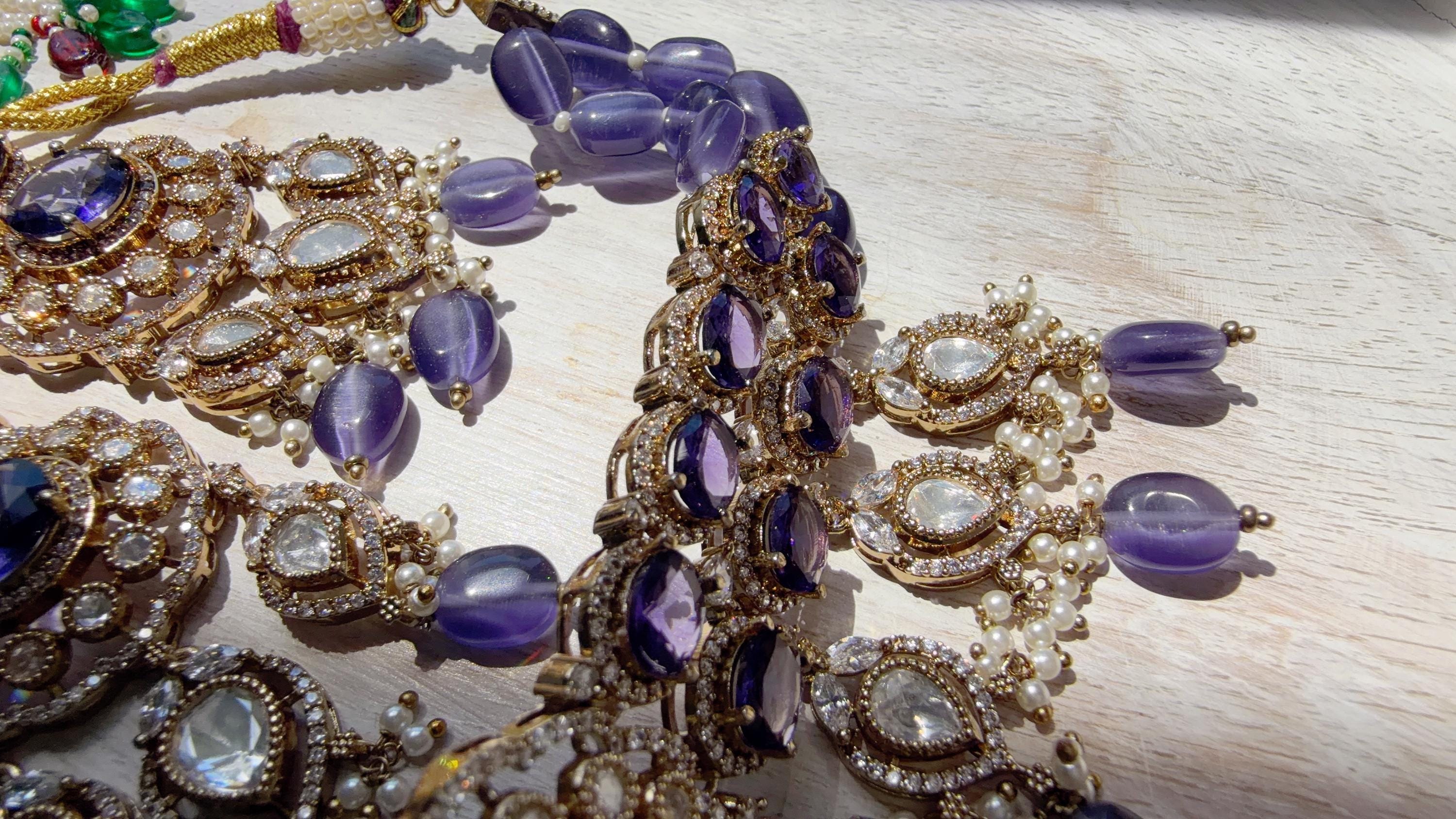 Purple Kundan Polki Choker Necklace Set | Gold Finish Statement Choker with chandbali and Maang tikka | Indian Bridal Jewelry