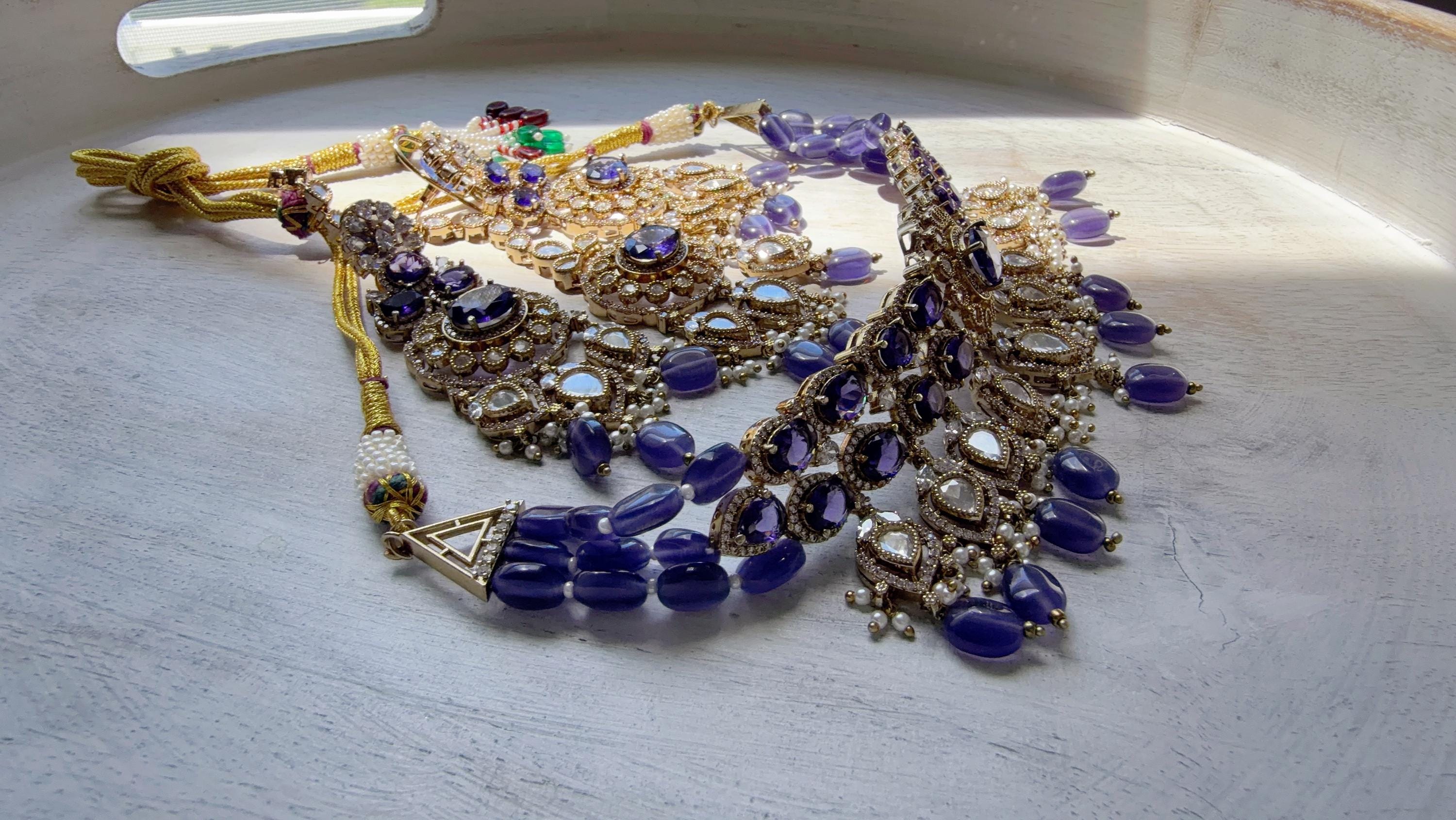 Purple Kundan Polki Choker Necklace Set | Gold Finish Statement Choker with chandbali and Maang tikka | Indian Bridal Jewelry