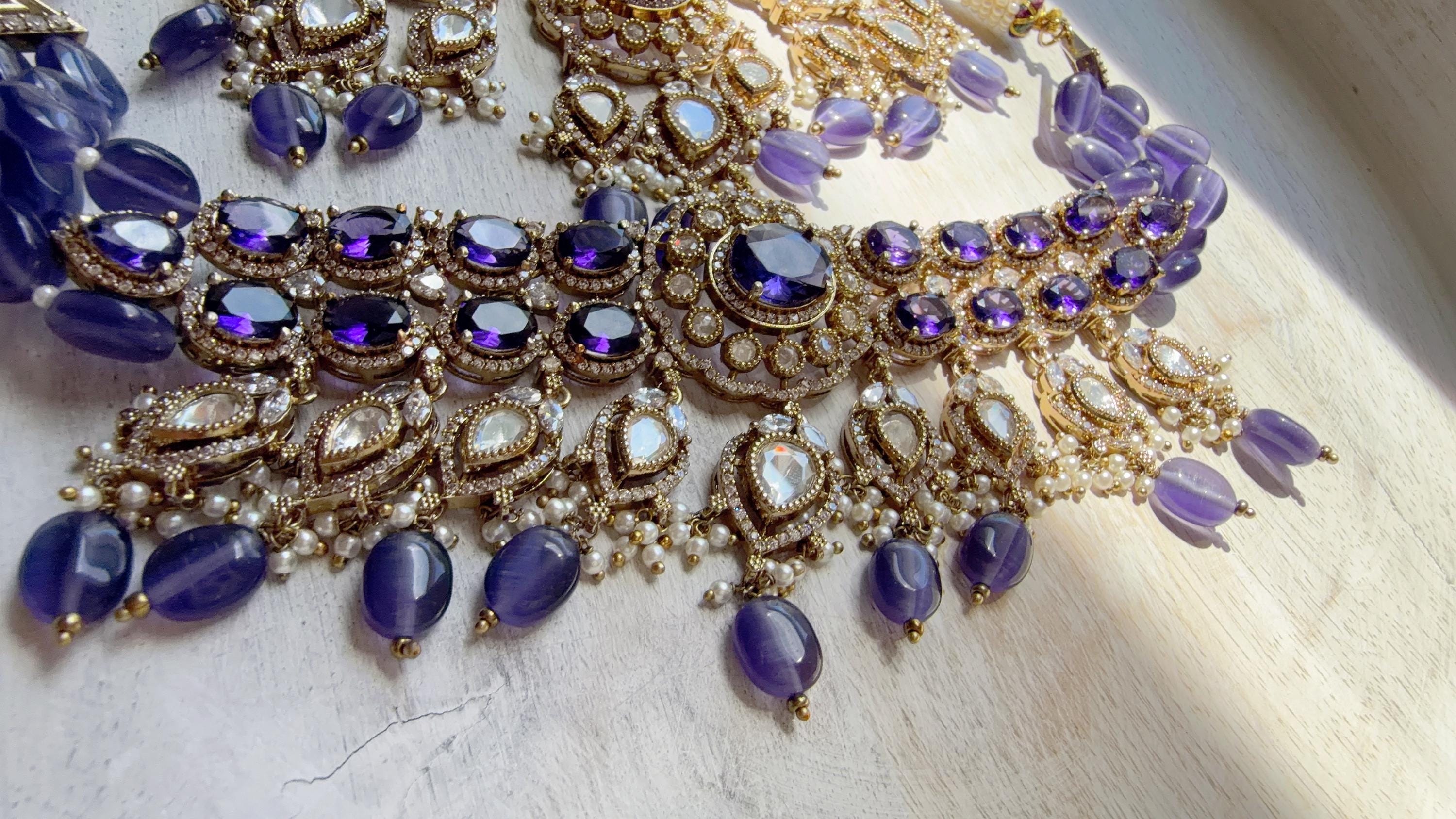 Purple Kundan Polki Choker Necklace Set | Gold Finish Statement Choker with chandbali and Maang tikka | Indian Bridal Jewelry