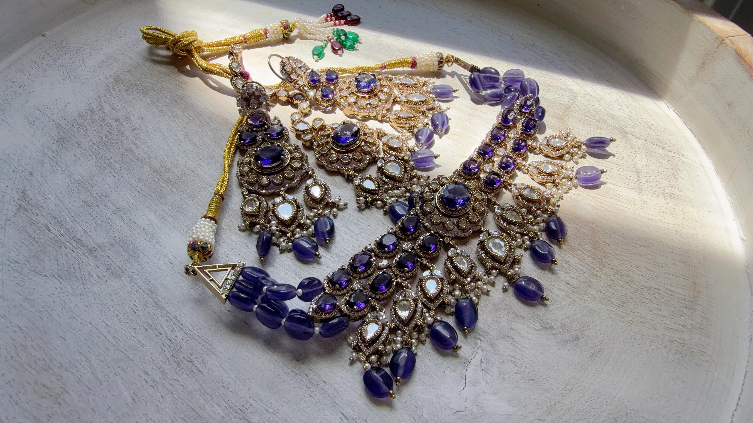 Purple Kundan Polki Choker Necklace Set | Gold Finish Statement Choker with chandbali and Maang tikka | Indian Bridal Jewelry