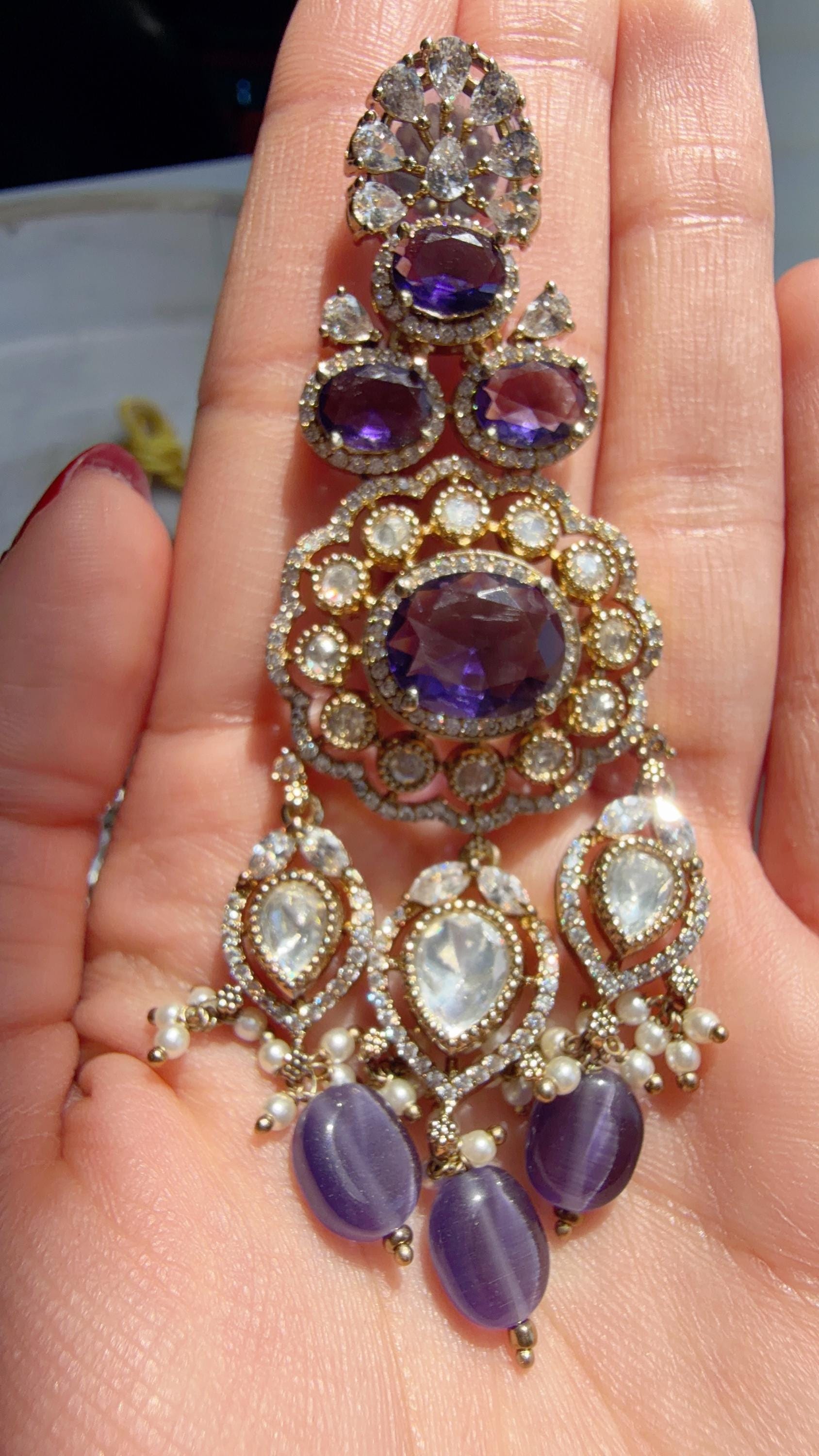 Purple Kundan Polki Choker Necklace Set | Gold Finish Statement Choker with chandbali and Maang tikka | Indian Bridal Jewelry