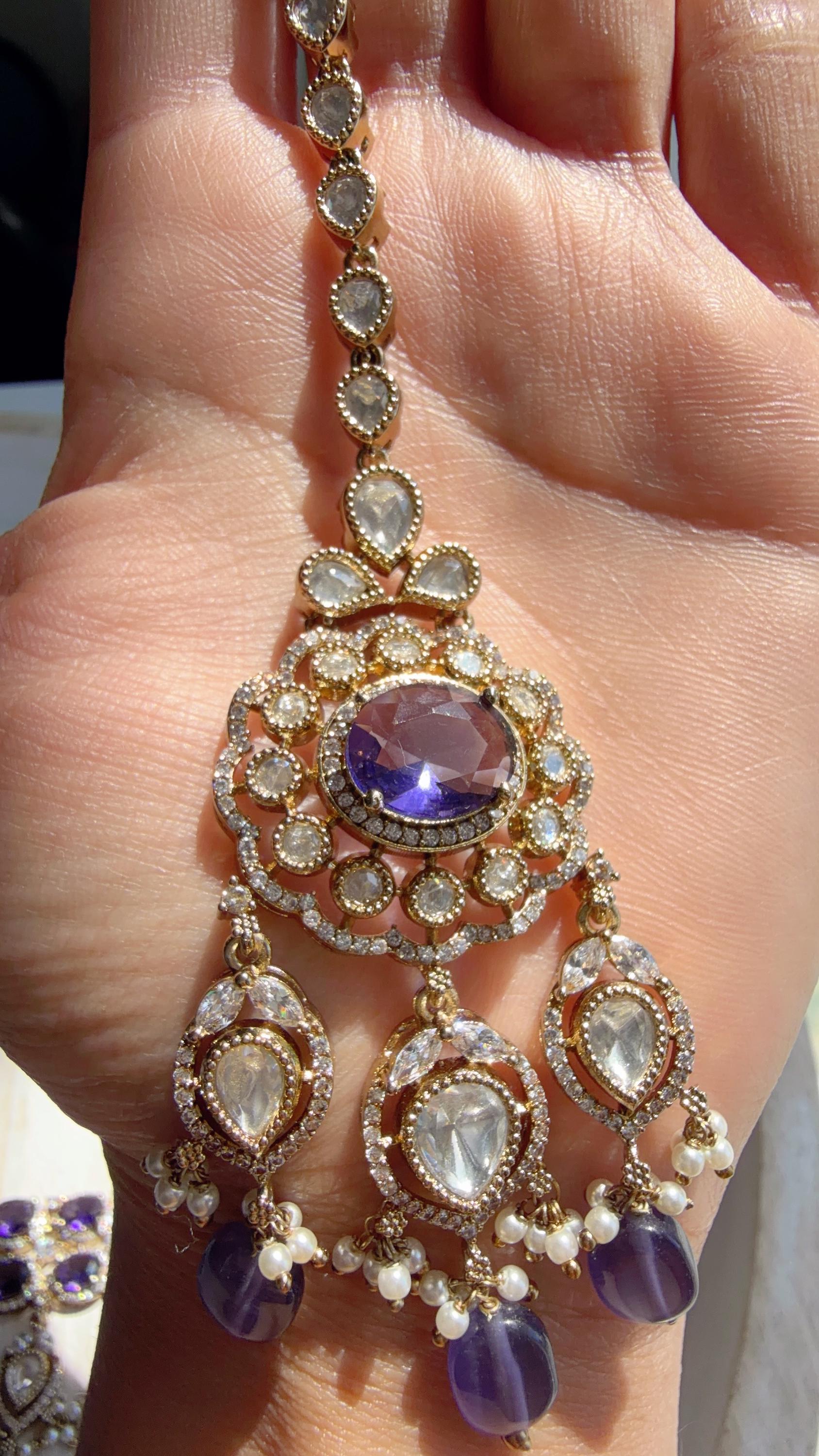 Purple Kundan Polki Choker Necklace Set | Gold Finish Statement Choker with chandbali and Maang tikka | Indian Bridal Jewelry
