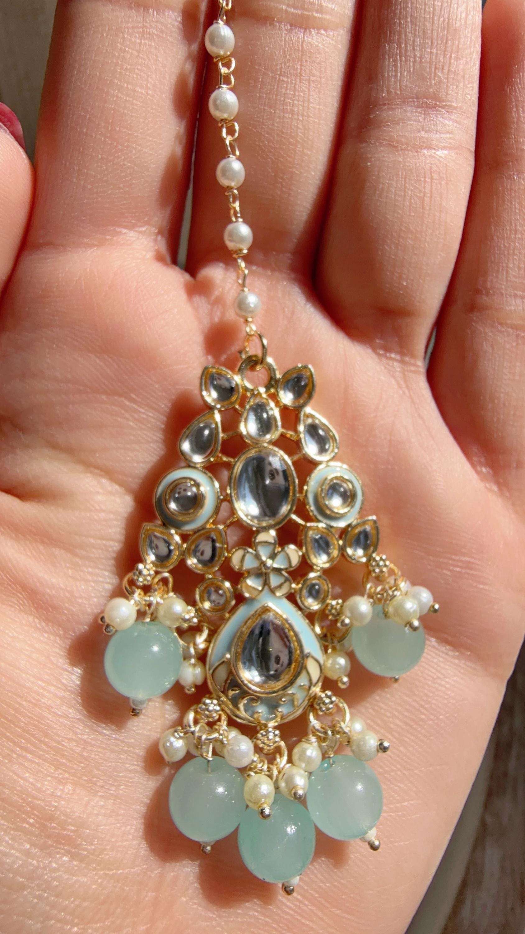 Sky blue Pearl Meenakari Kundan Necklace Set with Long Jhumka & Tikka | Bridal Kundan Choker | Indian Wedding Jewelry