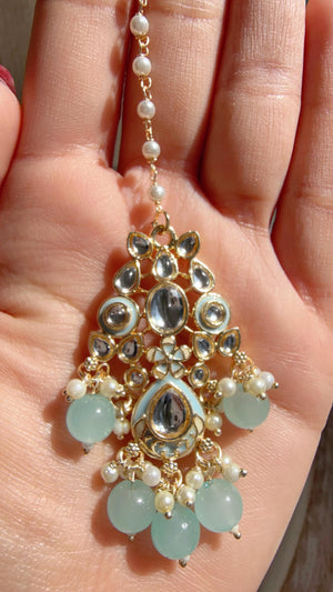 Sky blue Pearl Meenakari Kundan Necklace Set with Long Jhumka & Tikka | Bridal Kundan Choker | Indian Wedding Jewelry