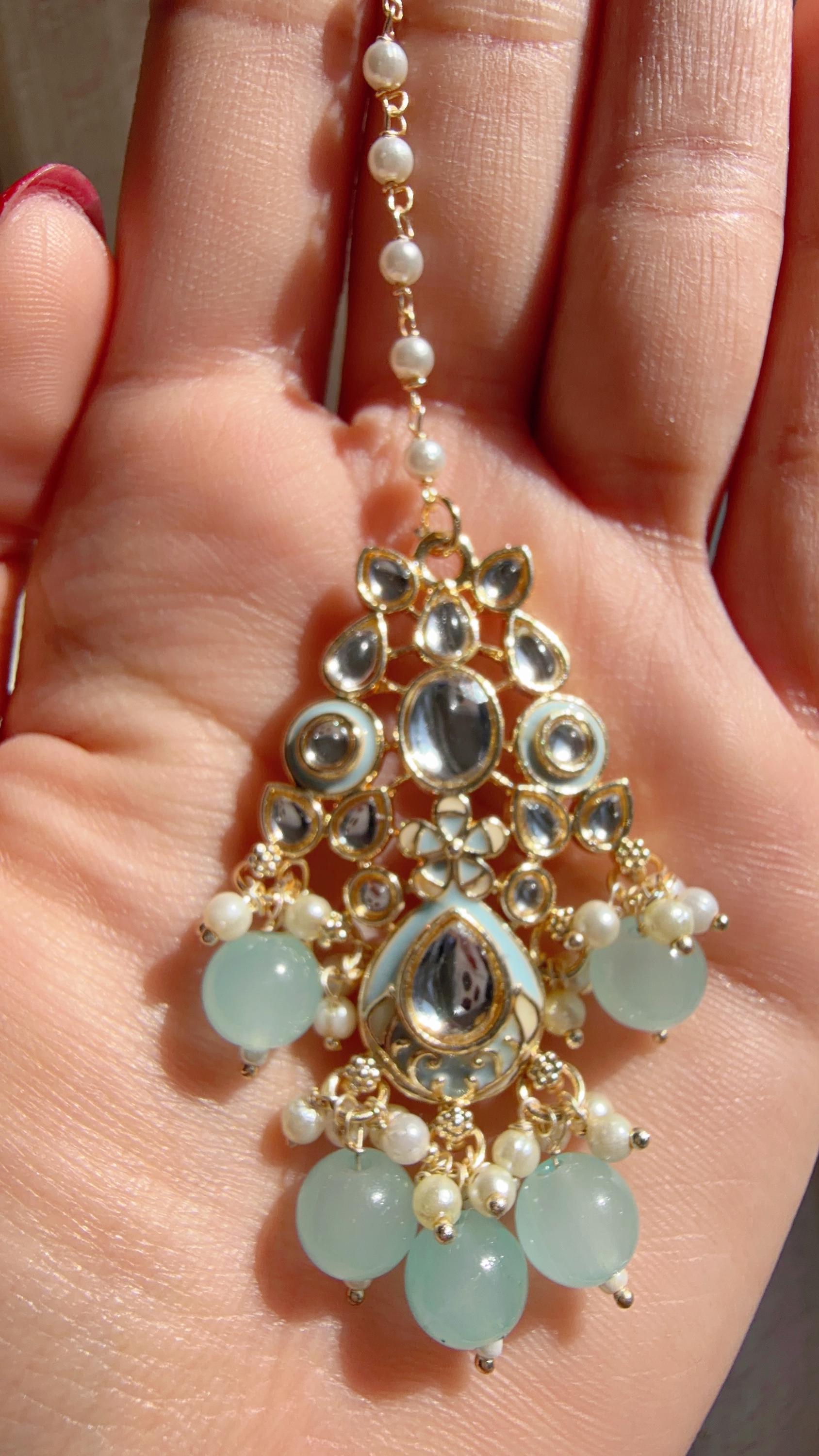 Sky blue Pearl Meenakari Kundan Necklace Set with Long Jhumka & Tikka | Bridal Kundan Choker | Indian Wedding Jewelry