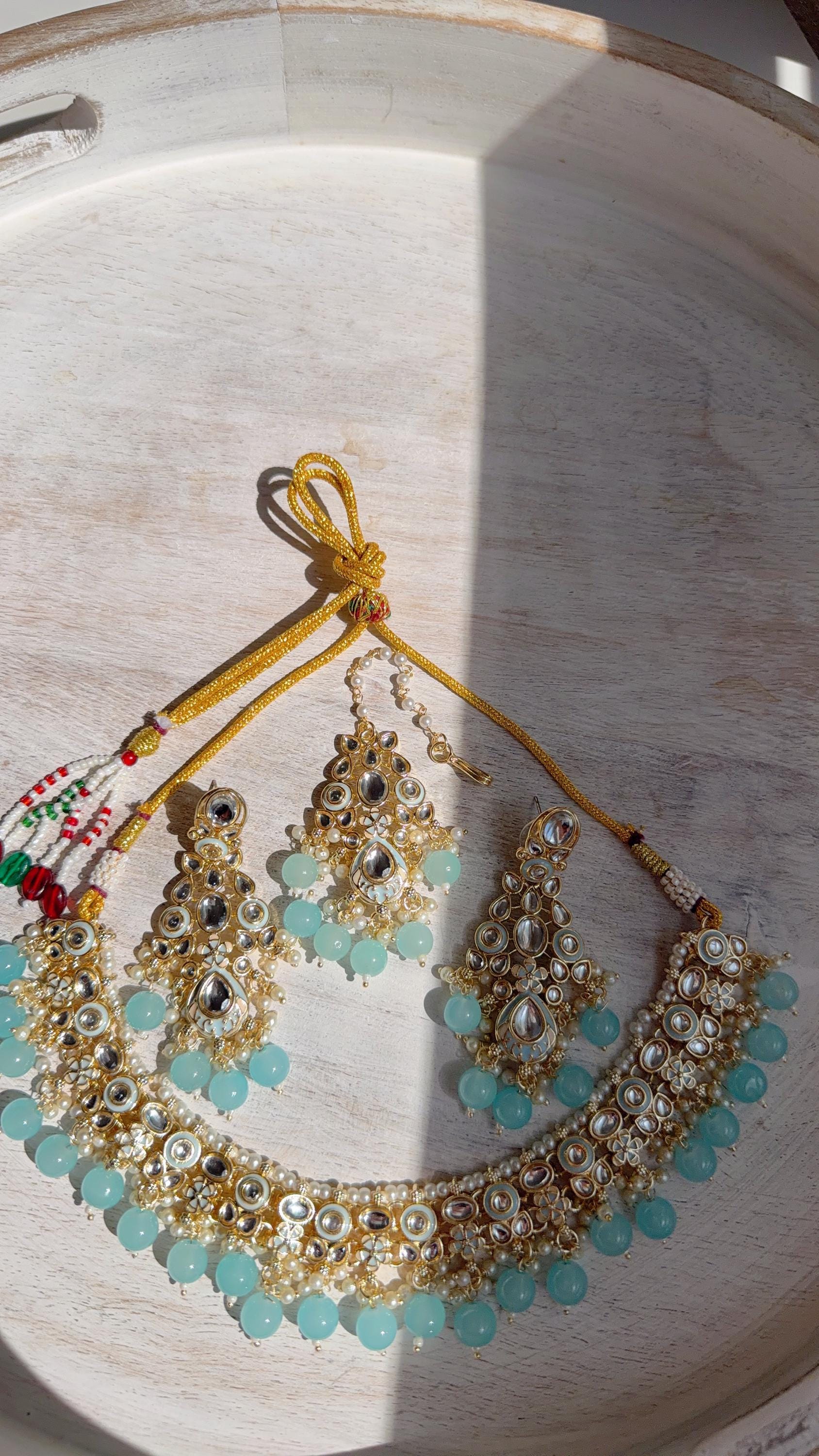 Sky blue Pearl Meenakari Kundan Necklace Set with Long Jhumka & Tikka | Bridal Kundan Choker | Indian Wedding Jewelry