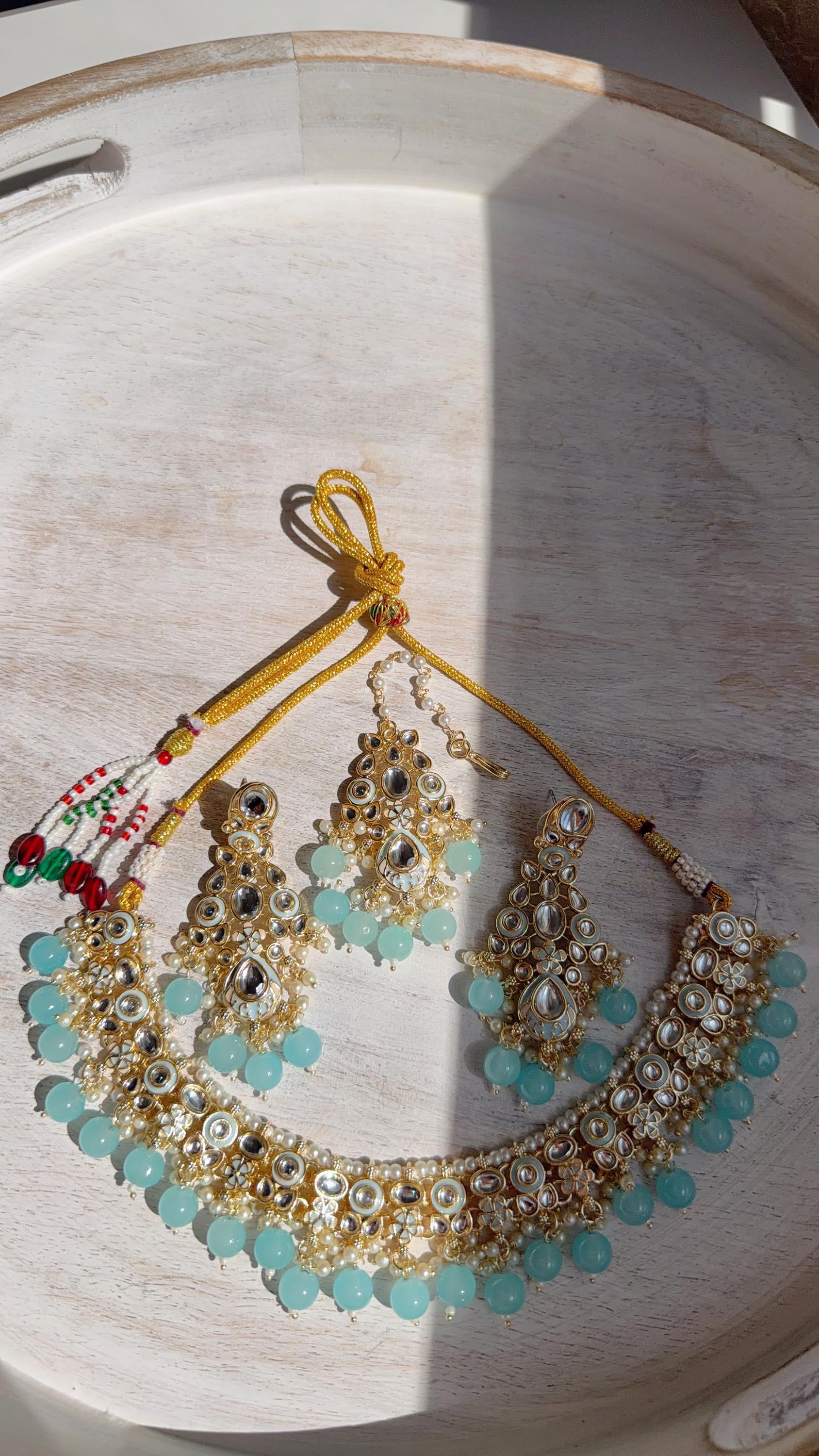 Sky blue Pearl Meenakari Kundan Necklace Set with Long Jhumka & Tikka | Bridal Kundan Choker | Indian Wedding Jewelry