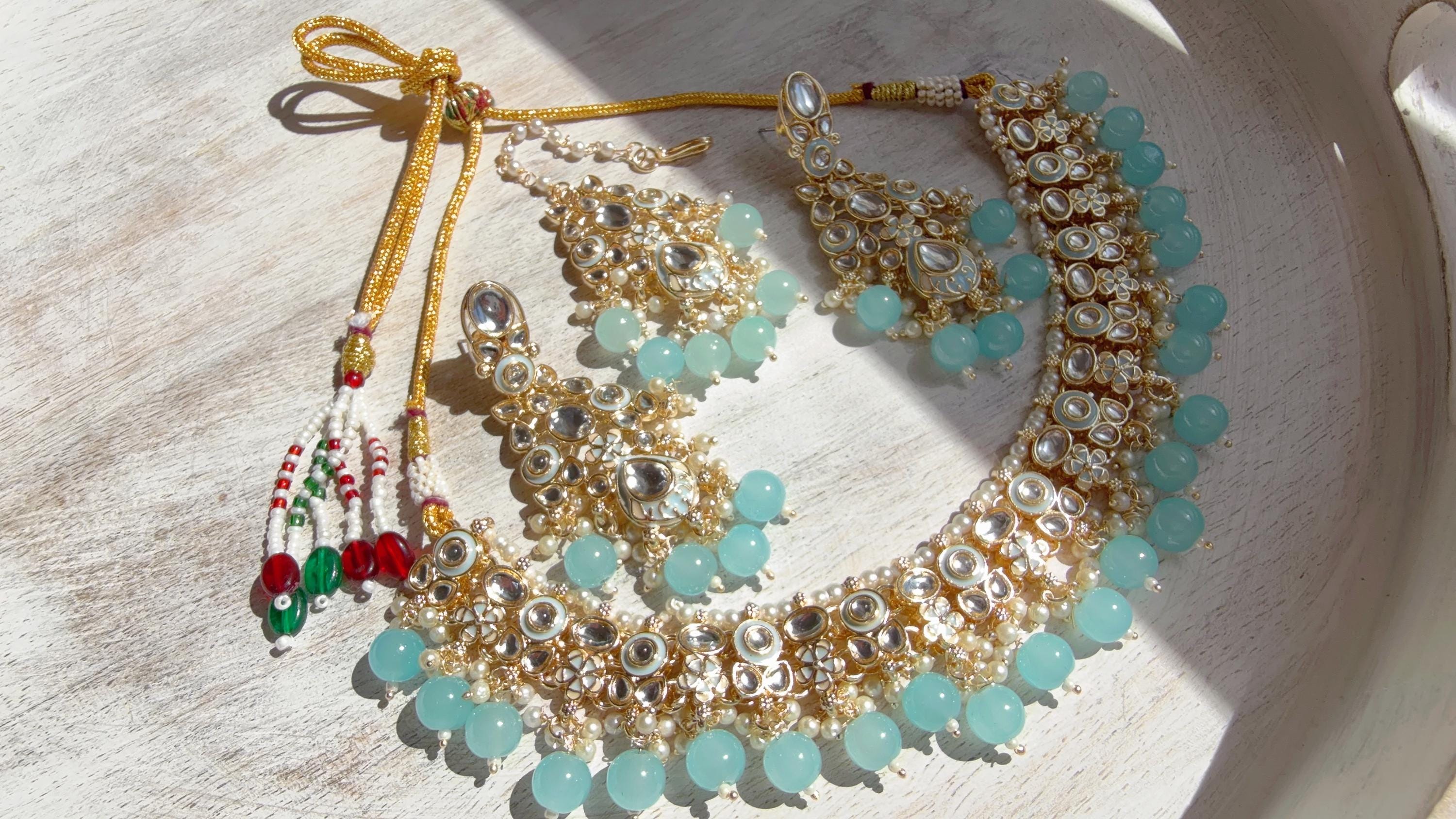 Sky blue Pearl Meenakari Kundan Necklace Set with Long Jhumka & Tikka | Bridal Kundan Choker | Indian Wedding Jewelry