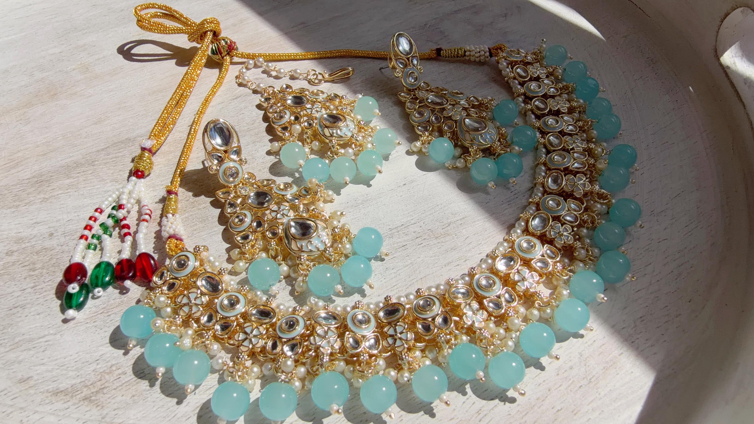 Sky blue Pearl Meenakari Kundan Necklace Set with Long Jhumka & Tikka | Bridal Kundan Choker | Indian Wedding Jewelry