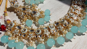 Sky blue Pearl Meenakari Kundan Necklace Set with Long Jhumka & Tikka | Bridal Kundan Choker | Indian Wedding Jewelry