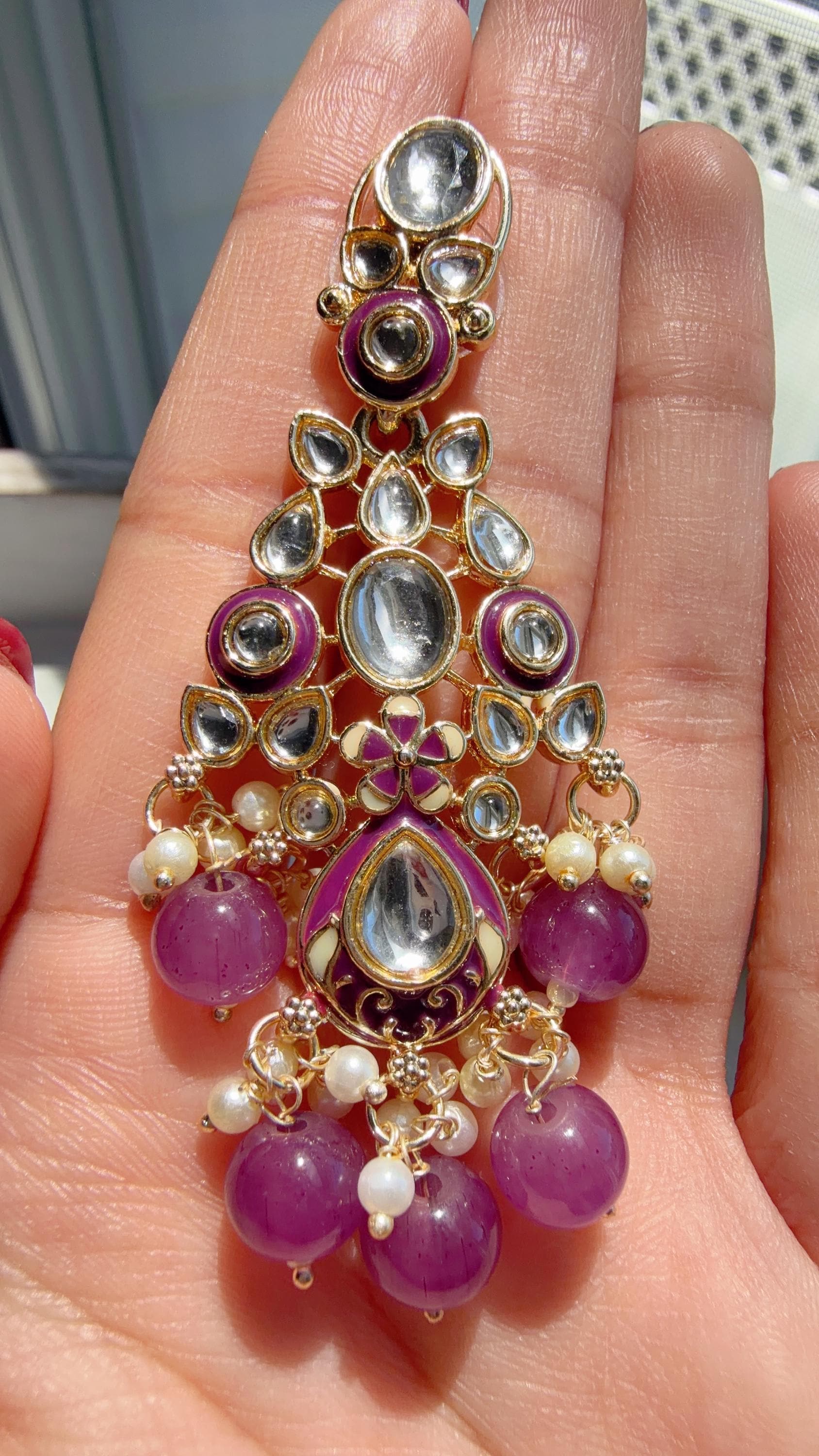 Purple Pearl Meenakari Kundan Necklace Set with Long Jhumka & Tikka | Bridal Kundan Choker | Indian Wedding Jewelry