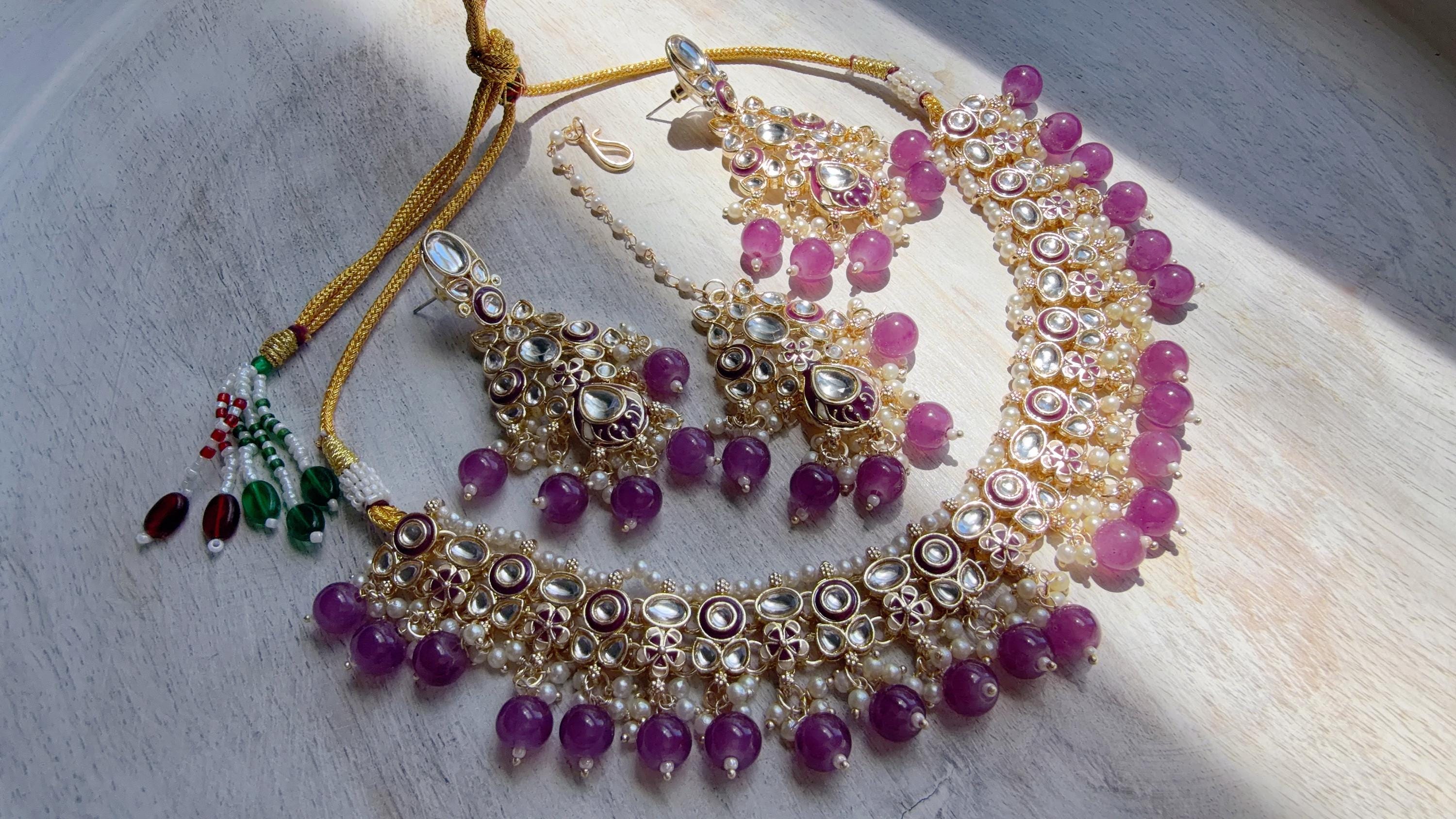 Purple Pearl Meenakari Kundan Necklace Set with Long Jhumka & Tikka | Bridal Kundan Choker | Indian Wedding Jewelry