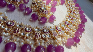 Purple Pearl Meenakari Kundan Necklace Set with Long Jhumka & Tikka | Bridal Kundan Choker | Indian Wedding Jewelry