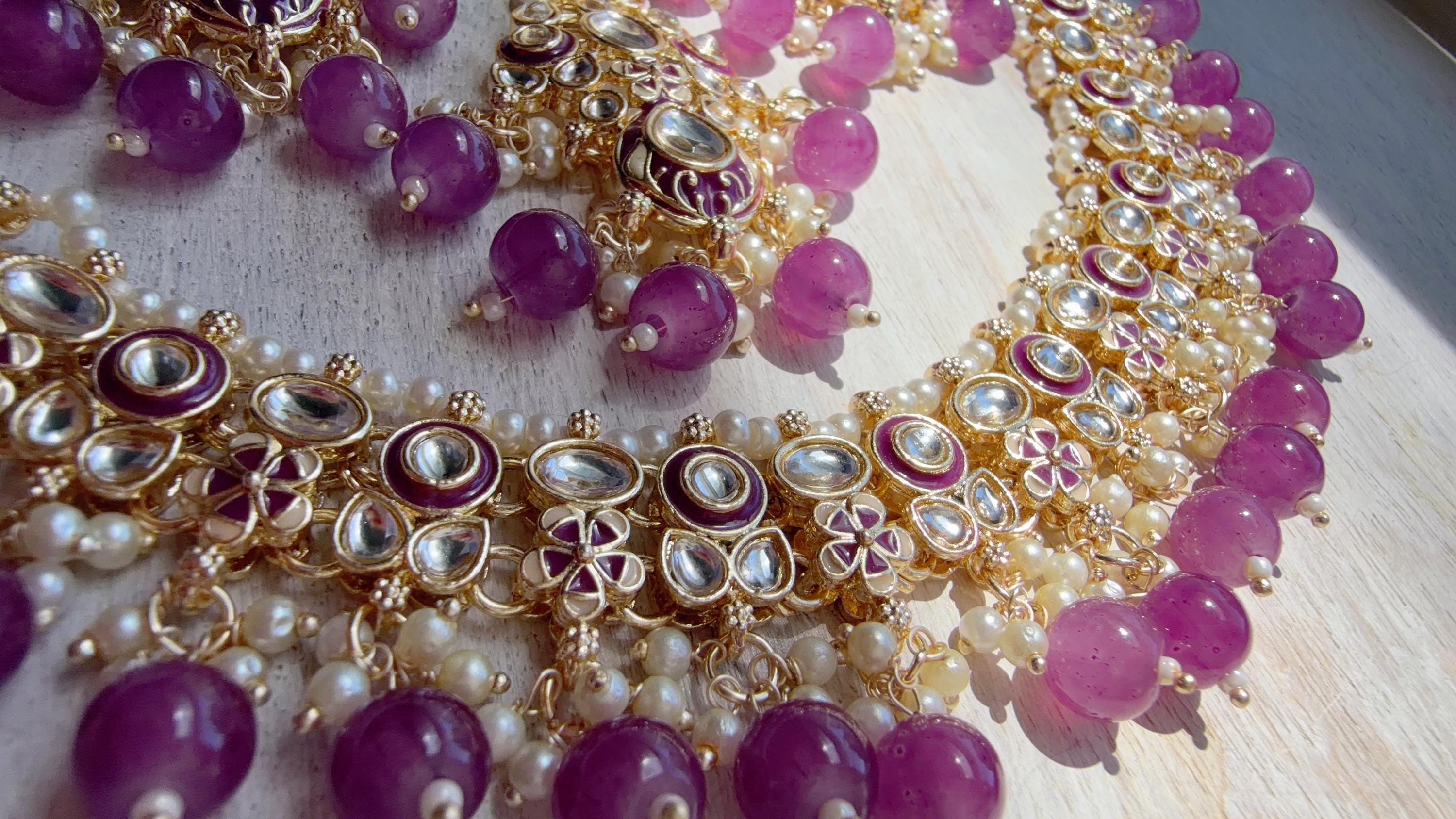 Purple Pearl Meenakari Kundan Necklace Set with Long Jhumka & Tikka | Bridal Kundan Choker | Indian Wedding Jewelry