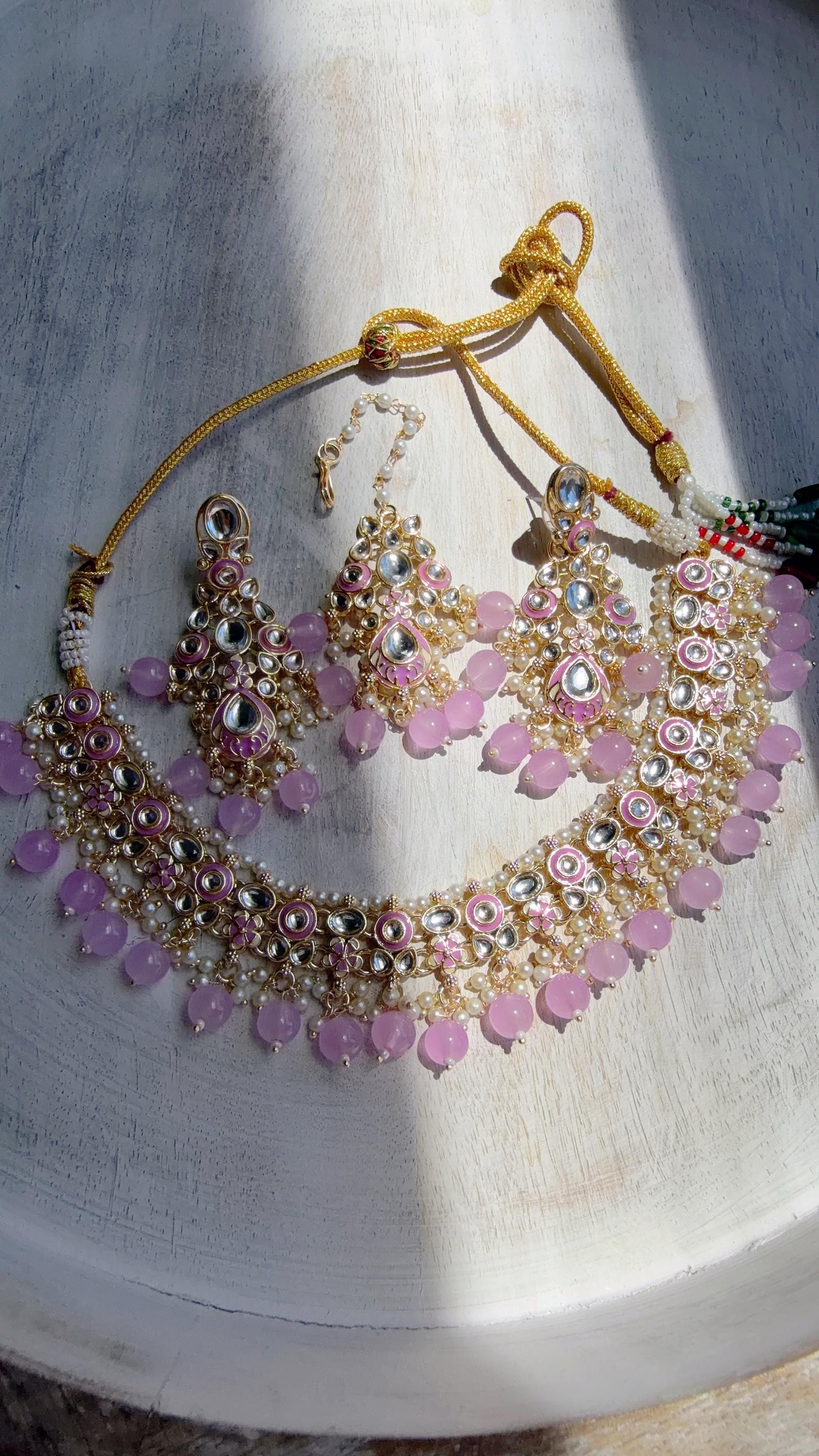 Light Purple Pearl Meenakari Kundan Necklace Set with Long Jhumka & Tikka | Bridal Kundan Choker | Indian Wedding Jewelry