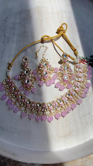 Light Purple Pearl Meenakari Kundan Necklace Set with Long Jhumka & Tikka | Bridal Kundan Choker | Indian Wedding Jewelry