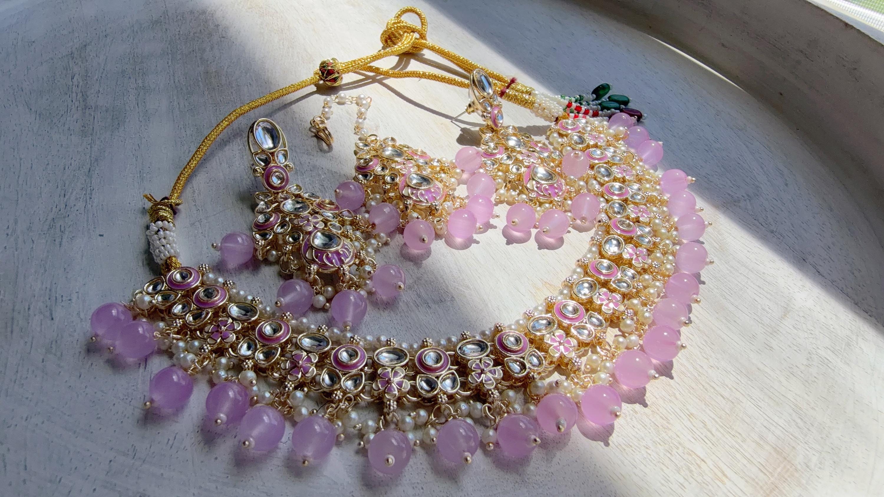 Light Purple Pearl Meenakari Kundan Necklace Set with Long Jhumka & Tikka | Bridal Kundan Choker | Indian Wedding Jewelry