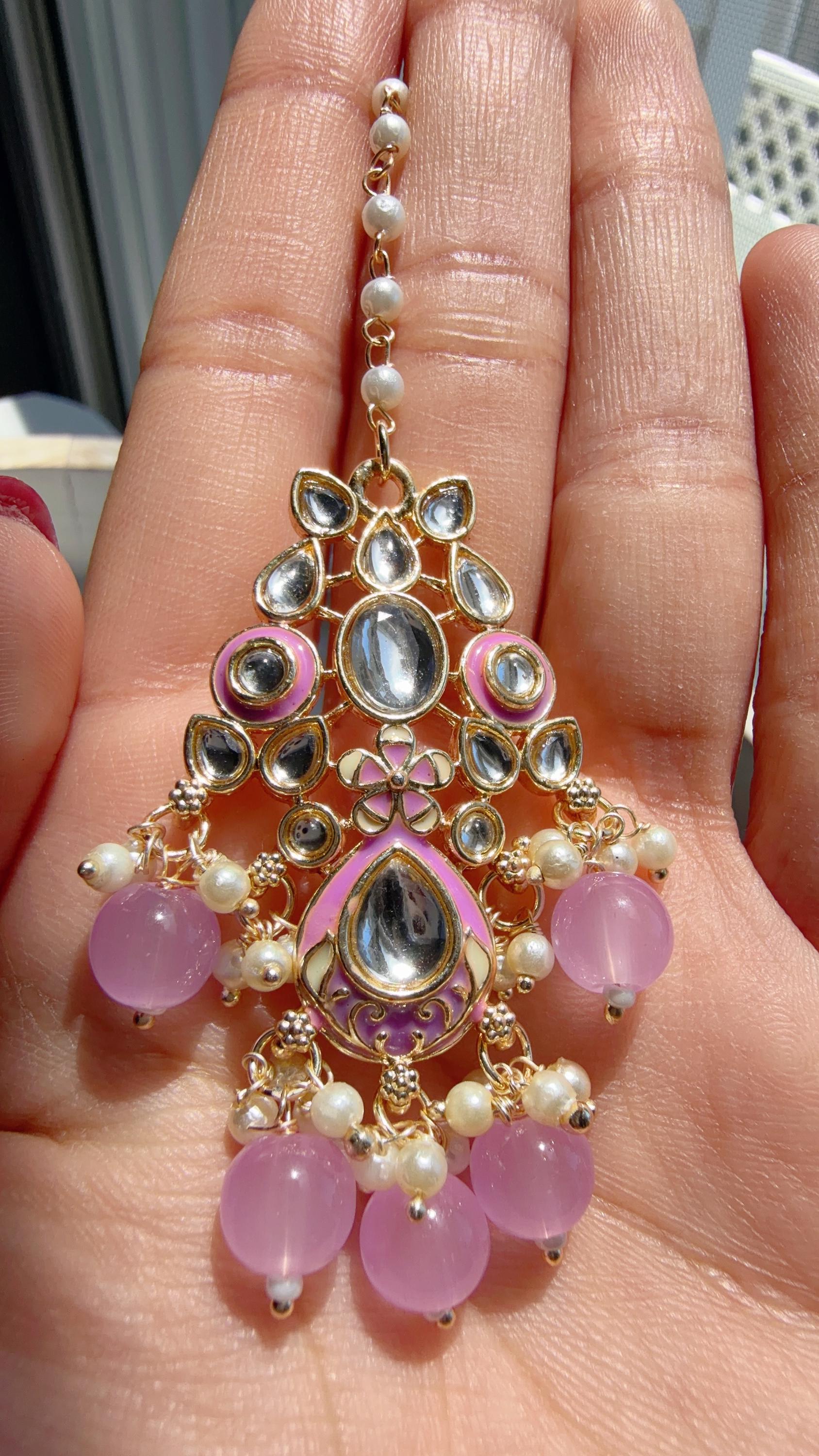 Light Purple Pearl Meenakari Kundan Necklace Set with Long Jhumka & Tikka | Bridal Kundan Choker | Indian Wedding Jewelry
