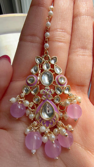 Light Purple Pearl Meenakari Kundan Necklace Set with Long Jhumka & Tikka | Bridal Kundan Choker | Indian Wedding Jewelry