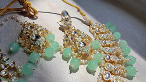 Mint Pearl Meenakari Kundan Necklace Set with Long Jhumka & Tikka | Bridal Kundan Choker | Indian Wedding Jewelry