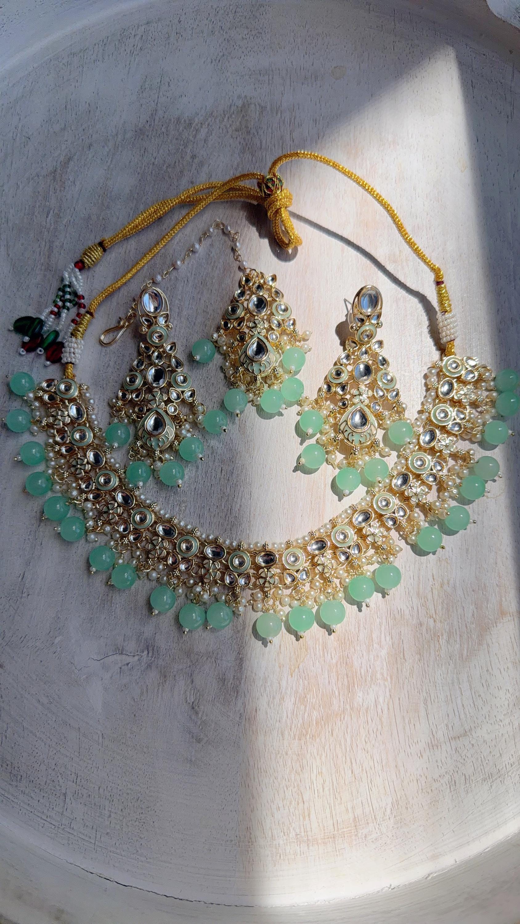 Mint Pearl Meenakari Kundan Necklace Set with Long Jhumka & Tikka | Bridal Kundan Choker | Indian Wedding Jewelry