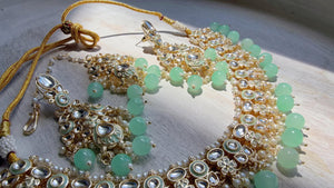Mint Pearl Meenakari Kundan Necklace Set with Long Jhumka & Tikka | Bridal Kundan Choker | Indian Wedding Jewelry