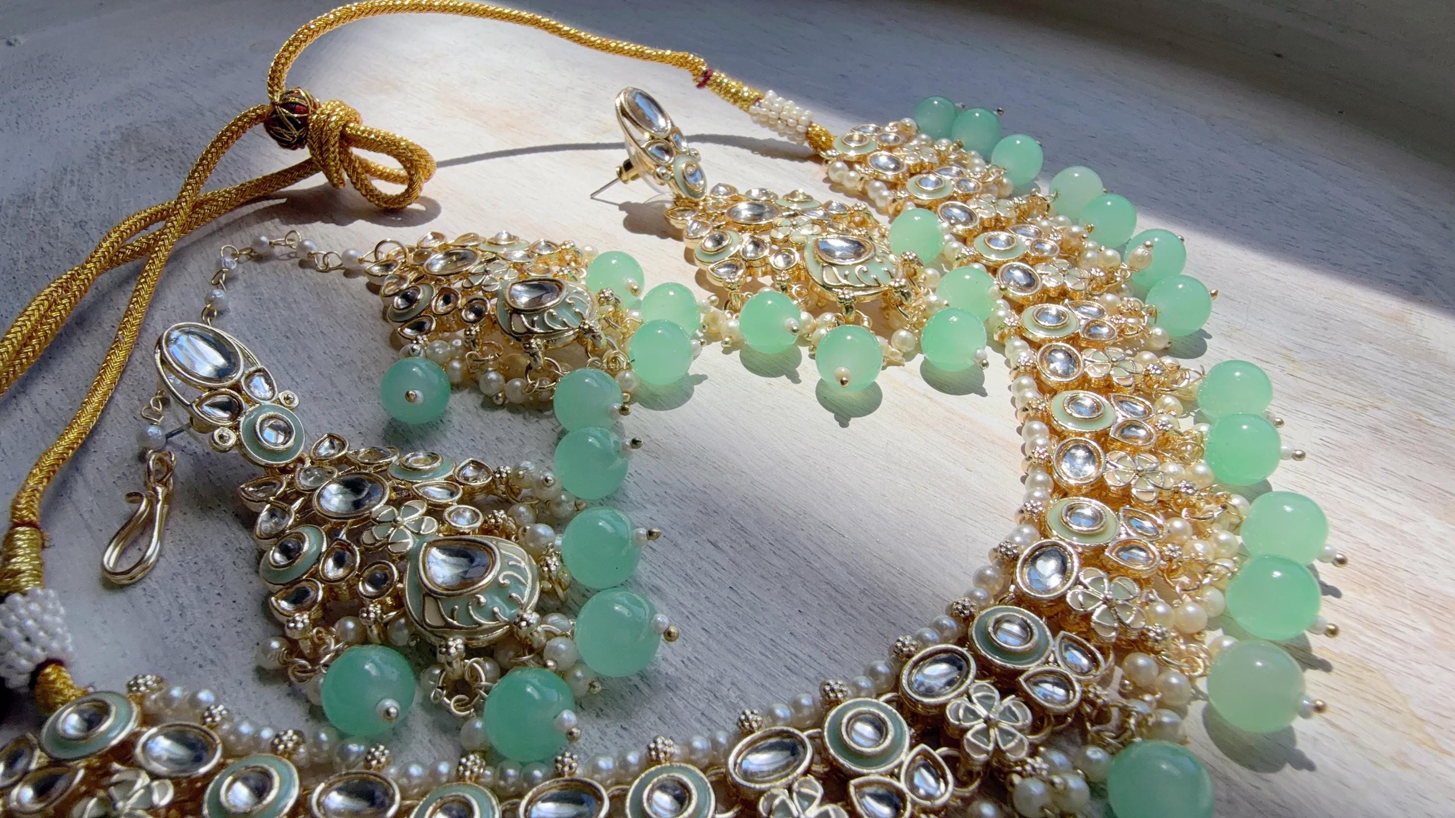 Mint Pearl Meenakari Kundan Necklace Set with Long Jhumka & Tikka | Bridal Kundan Choker | Indian Wedding Jewelry