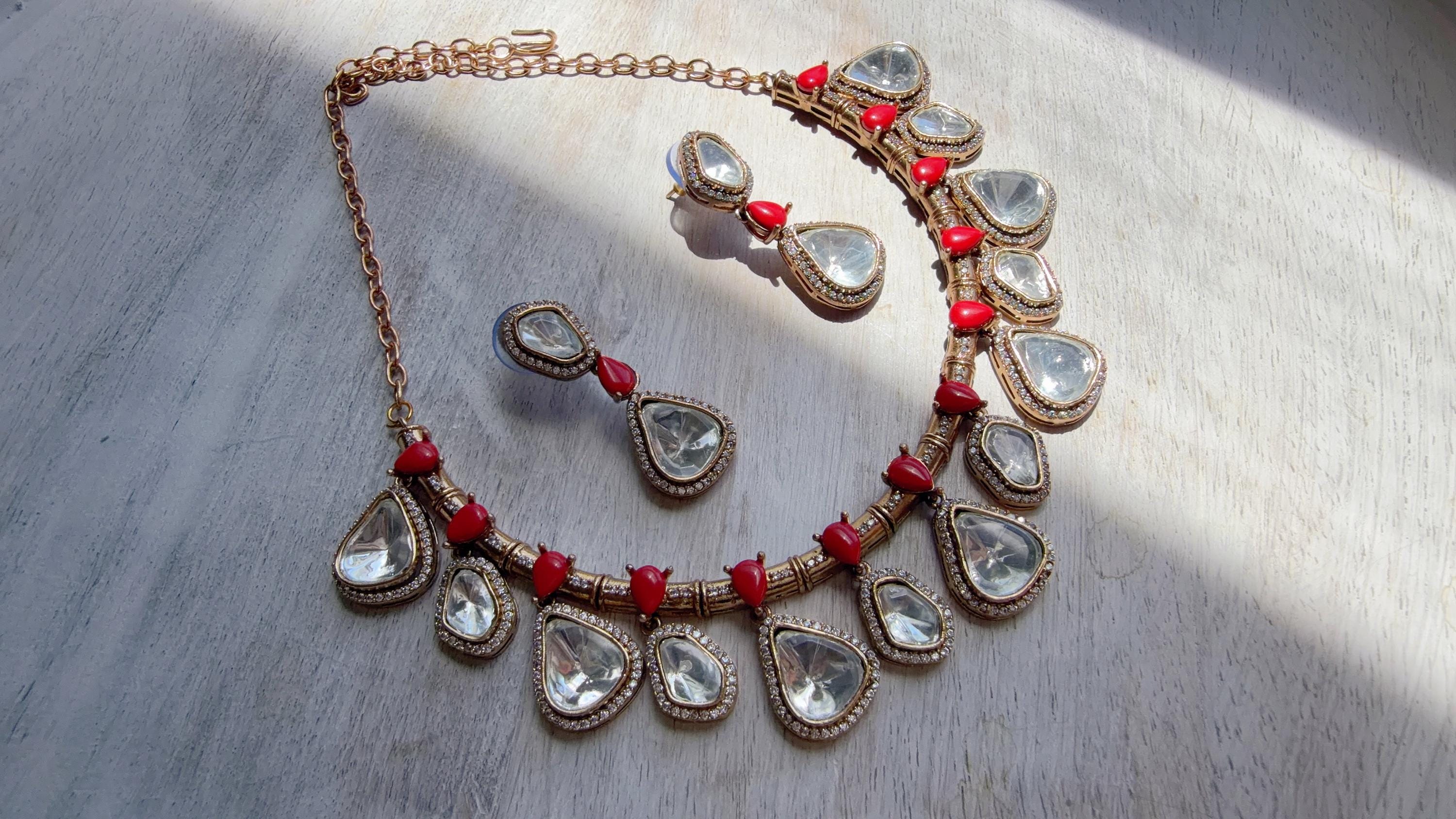 Diamond Coral Hasli Necklace Set | Indian Bridal Hasli | Statement Wedding Jewelry