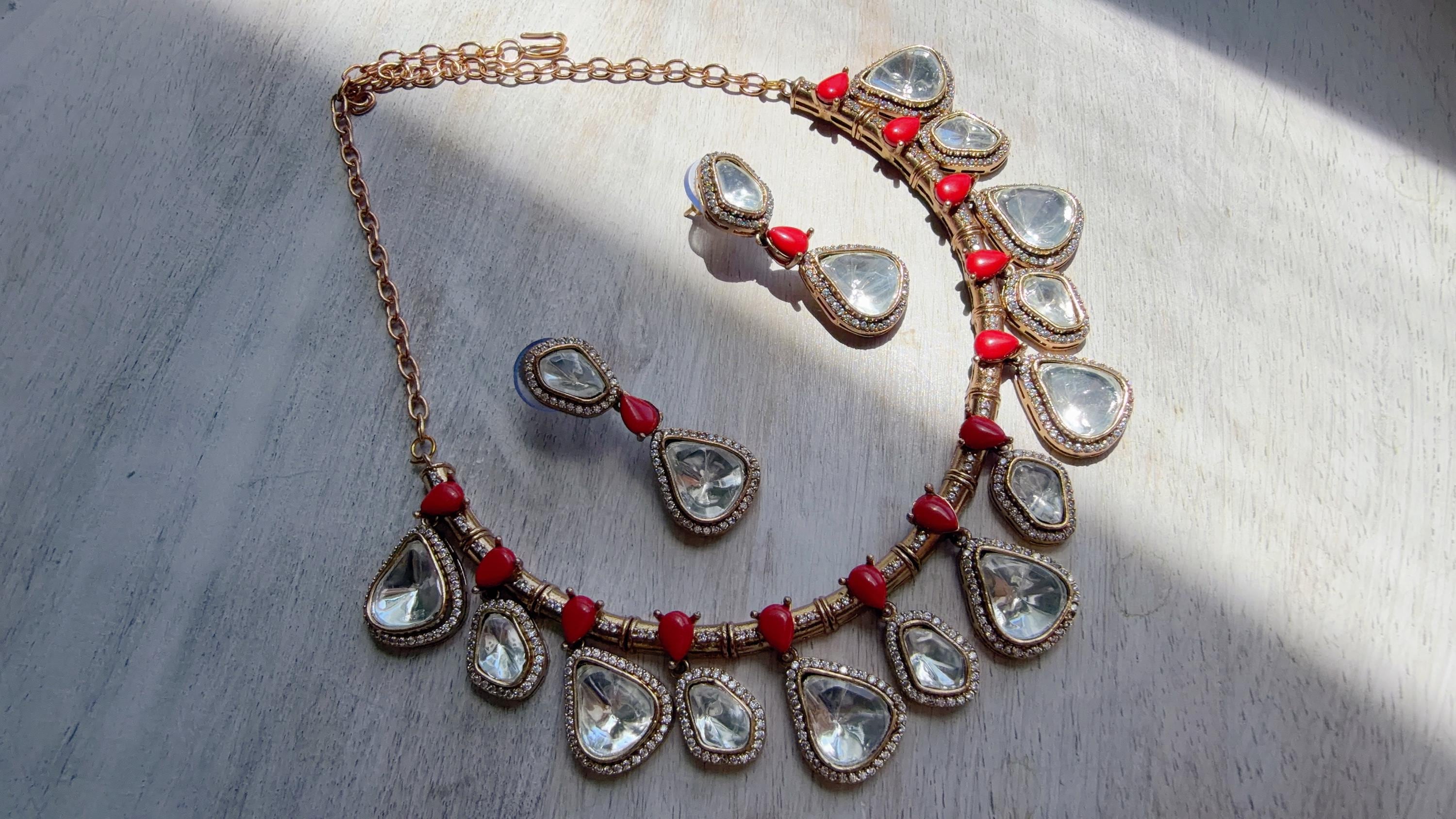 Diamond Coral Hasli Necklace Set | Indian Bridal Hasli | Statement Wedding Jewelry
