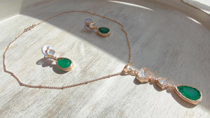 Green Drop Pendant Necklace Set with Earrings | Gold Finish CZ Jewelry | Minimal Indian Necklace | Elegant Party Wear Jewelry