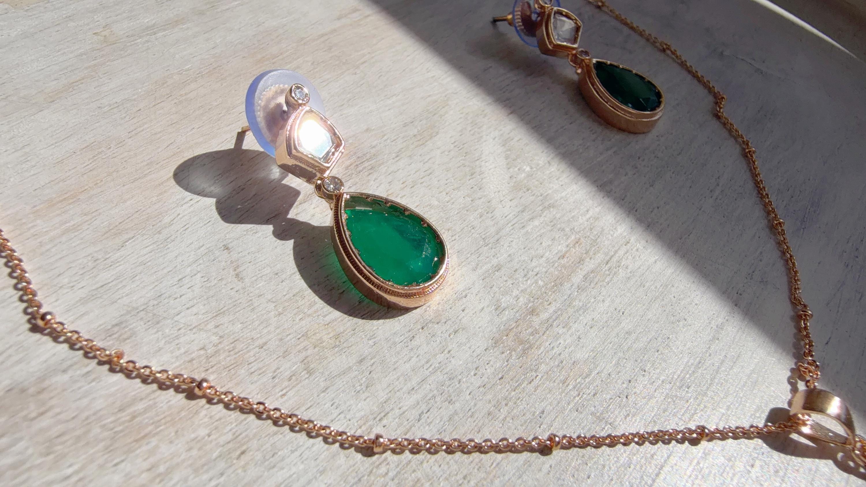 Green Drop Pendant Necklace Set with Earrings | Gold Finish CZ Jewelry | Minimal Indian Necklace | Elegant Party Wear Jewelry