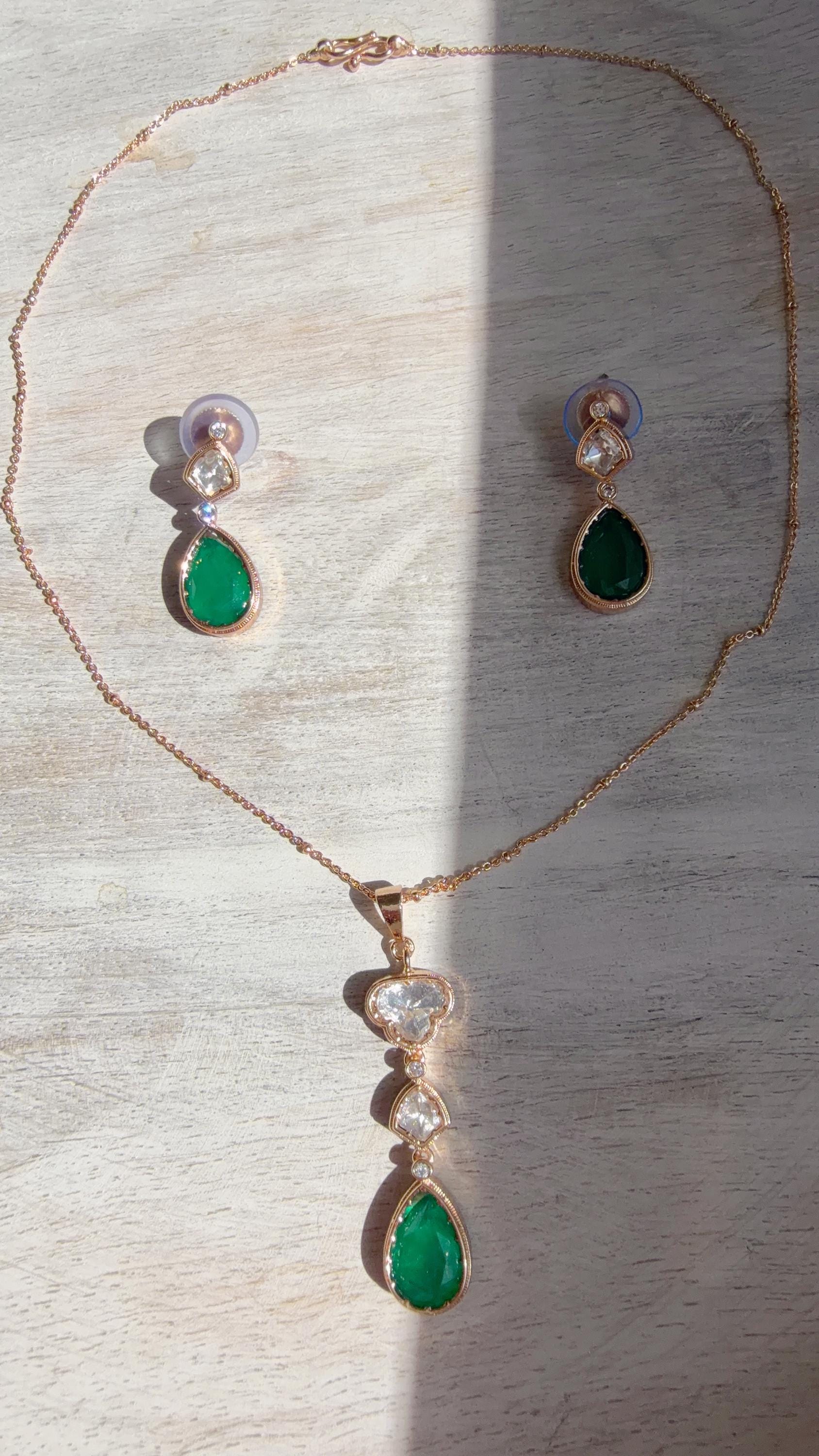 Green Drop Pendant Necklace Set with Earrings | Gold Finish CZ Jewelry | Minimal Indian Necklace | Elegant Party Wear Jewelry