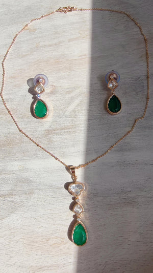 Green Drop Pendant Necklace Set with Earrings | Gold Finish CZ Jewelry | Minimal Indian Necklace | Elegant Party Wear Jewelry