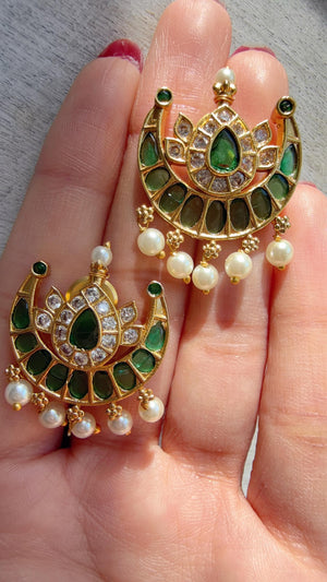 Green Kundan Pearl Drop Earrings | Gold Finish Chandbali Earrings | Indian Bridal Jewelry | Wedding Statement Earrings
