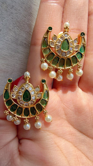 Green Kundan Pearl Drop Earrings | Gold Finish Chandbali Earrings | Indian Bridal Jewelry | Wedding Statement Earrings