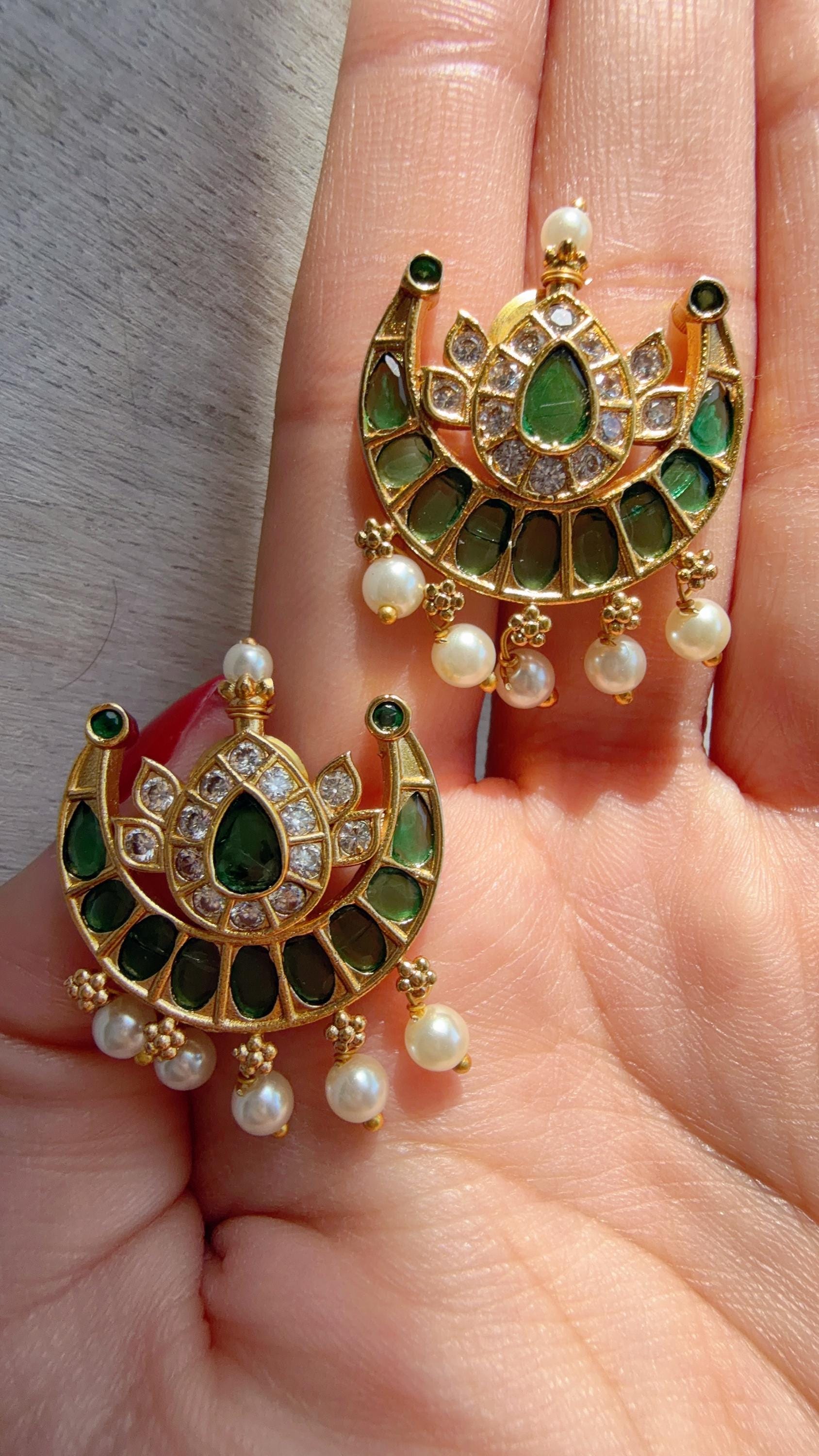 Green Kundan Pearl Drop Earrings | Gold Finish Chandbali Earrings | Indian Bridal Jewelry | Wedding Statement Earrings