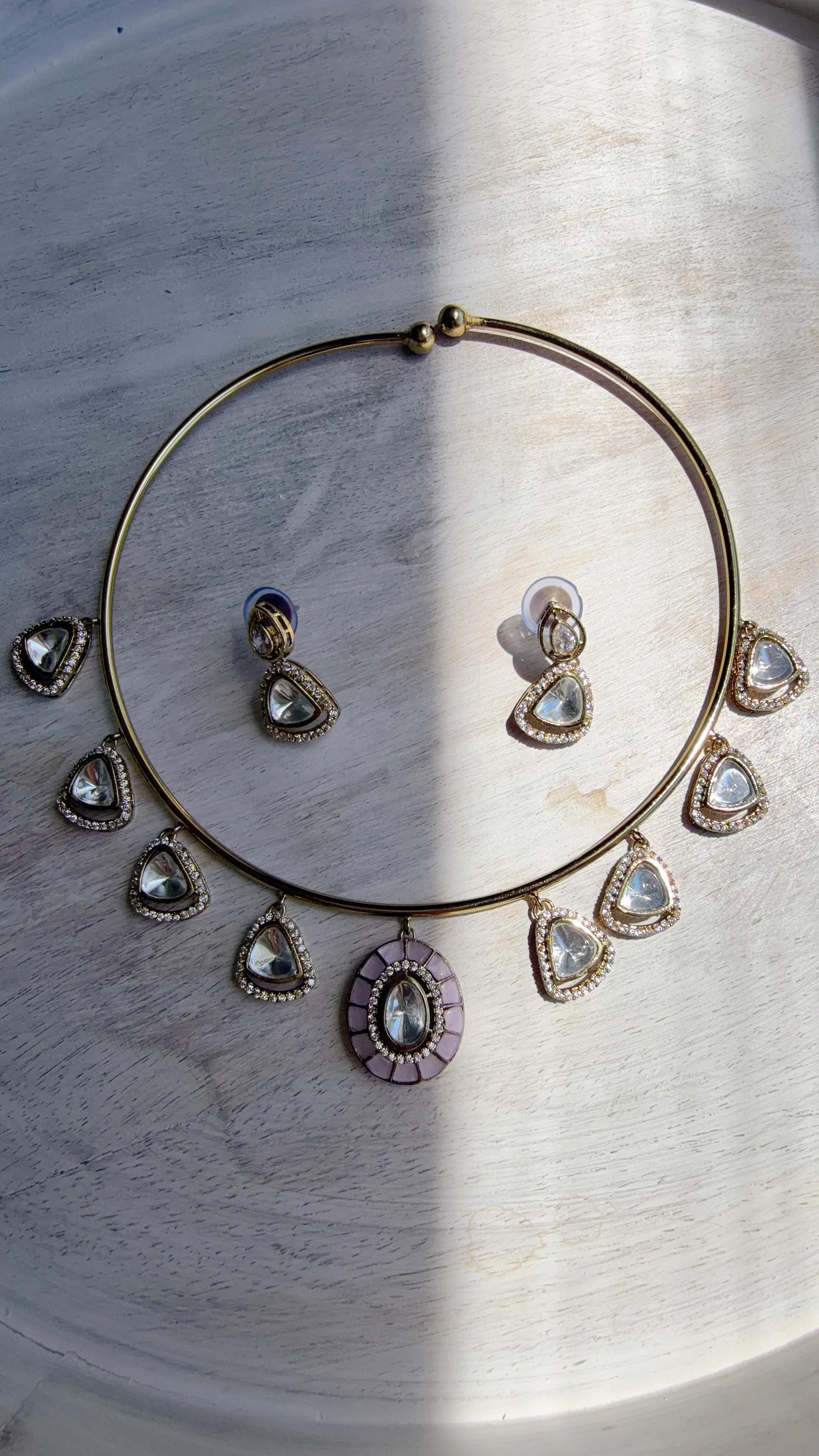 Baby Pink Coral Polki Kundan Necklace Set with Drop Earrings | Gold Finish Bridal Jewelry | Indian Wedding Necklace Set - Sally