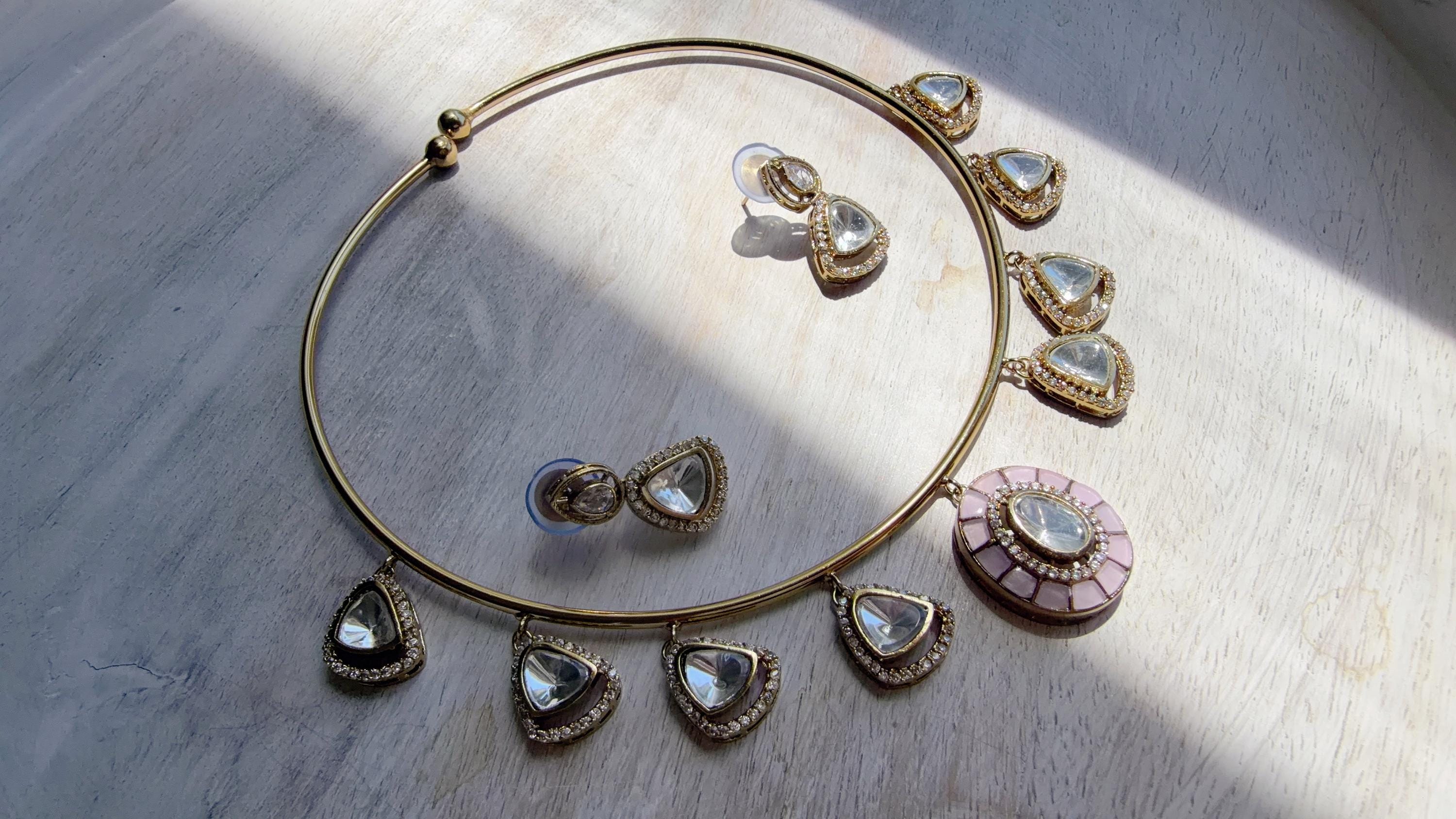 Baby Pink Coral Polki Kundan Necklace Set with Drop Earrings | Gold Finish Bridal Jewelry | Indian Wedding Necklace Set - Sally