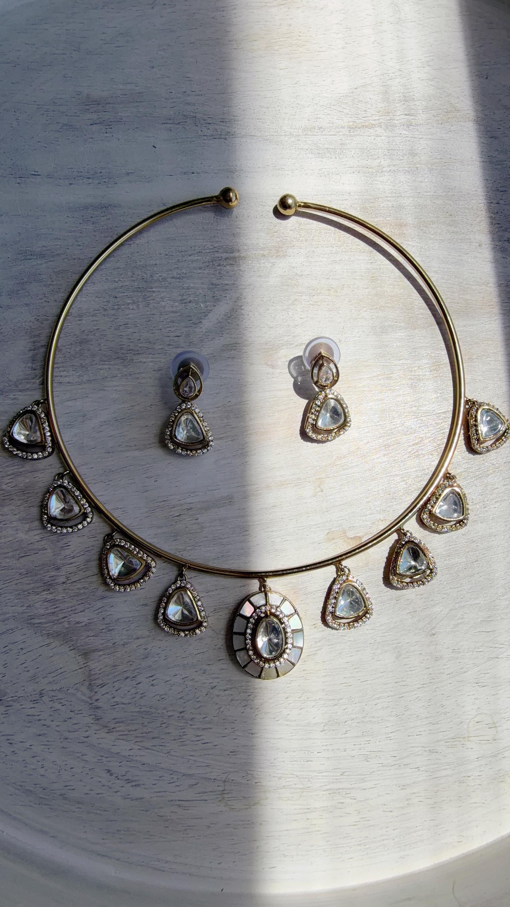 Mother of Pearl Coral Polki Kundan Necklace Set with Drop Earrings | Gold Finish Bridal Jewelry | Indian Wedding Necklace Set - Sally