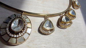 Mother of Pearl Coral Polki Kundan Necklace Set with Drop Earrings | Gold Finish Bridal Jewelry | Indian Wedding Necklace Set - Sally