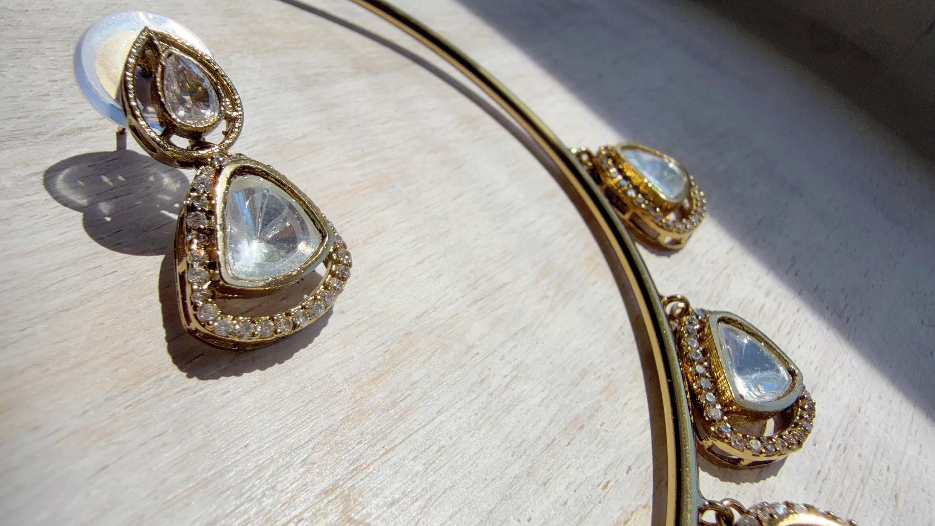 Mother of Pearl Coral Polki Kundan Necklace Set with Drop Earrings | Gold Finish Bridal Jewelry | Indian Wedding Necklace Set - Sally