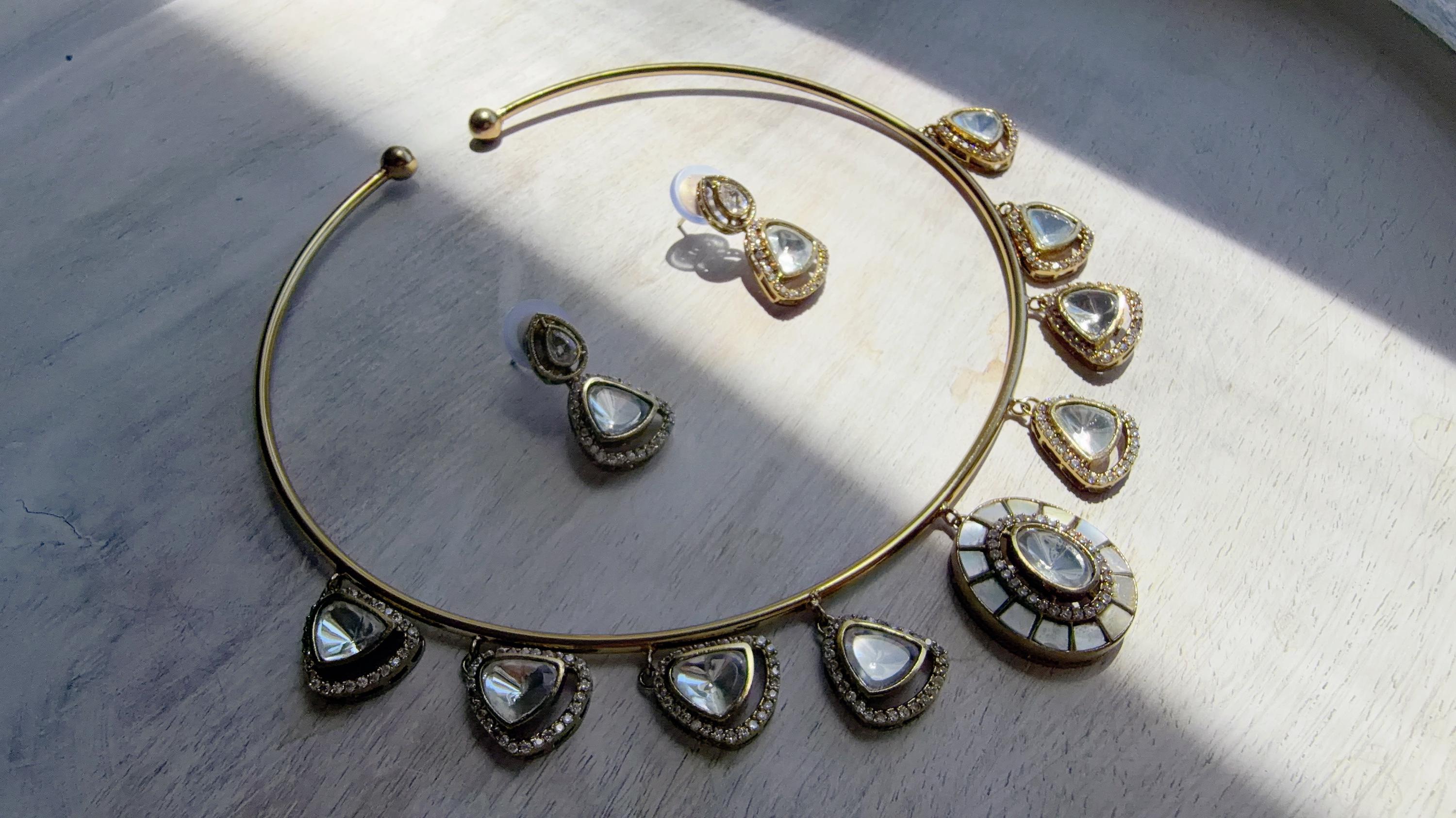 Mother of Pearl Coral Polki Kundan Necklace Set with Drop Earrings | Gold Finish Bridal Jewelry | Indian Wedding Necklace Set - Sally