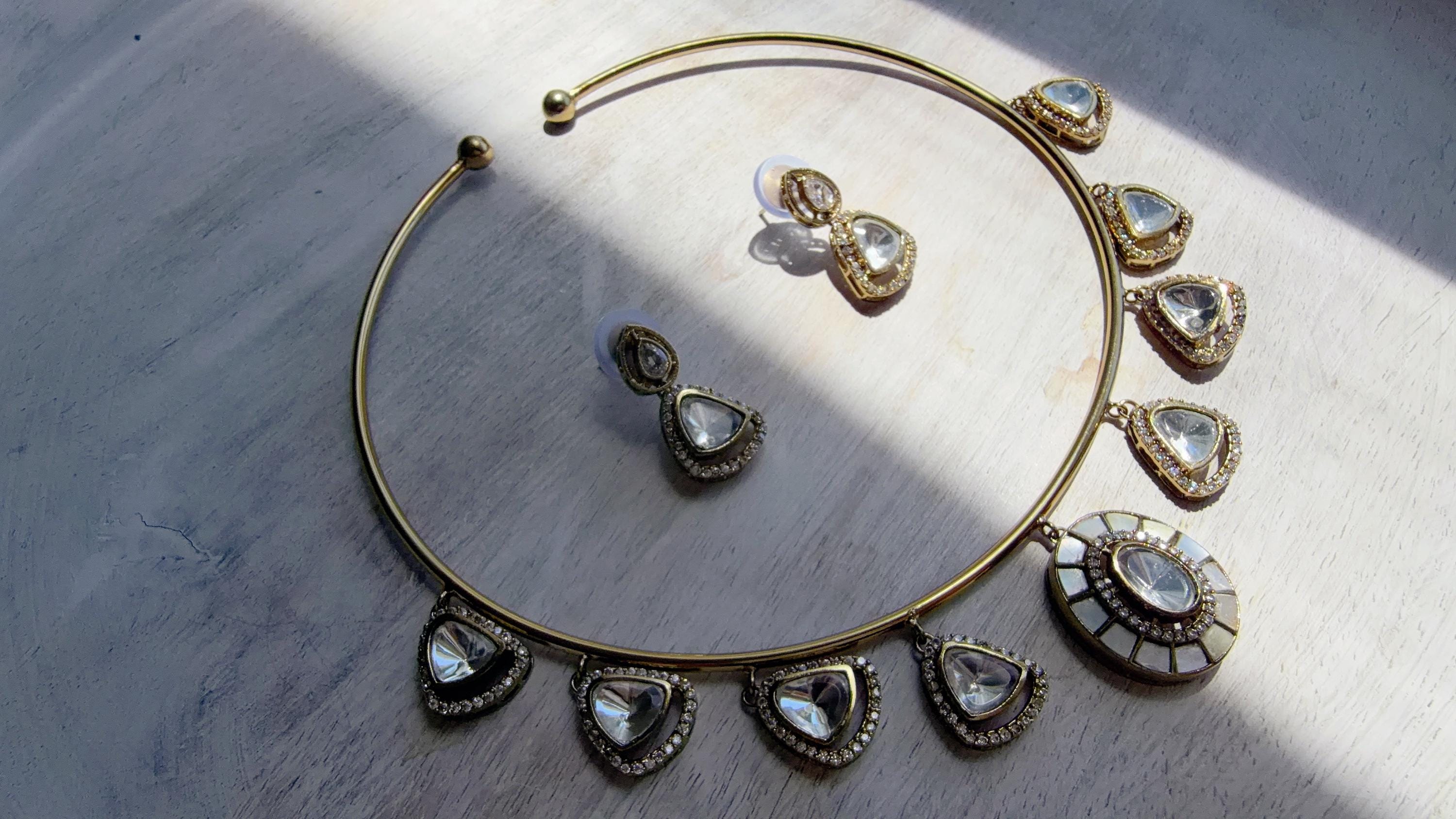 Mother of Pearl Coral Polki Kundan Necklace Set with Drop Earrings | Gold Finish Bridal Jewelry | Indian Wedding Necklace Set - Sally