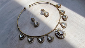 Mother of Pearl Coral Polki Kundan Necklace Set with Drop Earrings | Gold Finish Bridal Jewelry | Indian Wedding Necklace Set - Sally