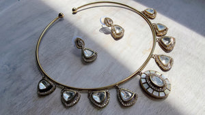 Mother of Pearl Coral Polki Kundan Necklace Set with Drop Earrings | Gold Finish Bridal Jewelry | Indian Wedding Necklace Set - Sally