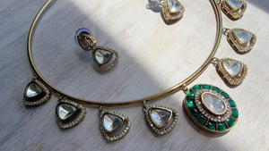 Emerald Green Coral Polki Kundan Necklace Set with Drop Earrings | Gold Finish Bridal Jewelry | Indian Wedding Necklace Set - Sally
